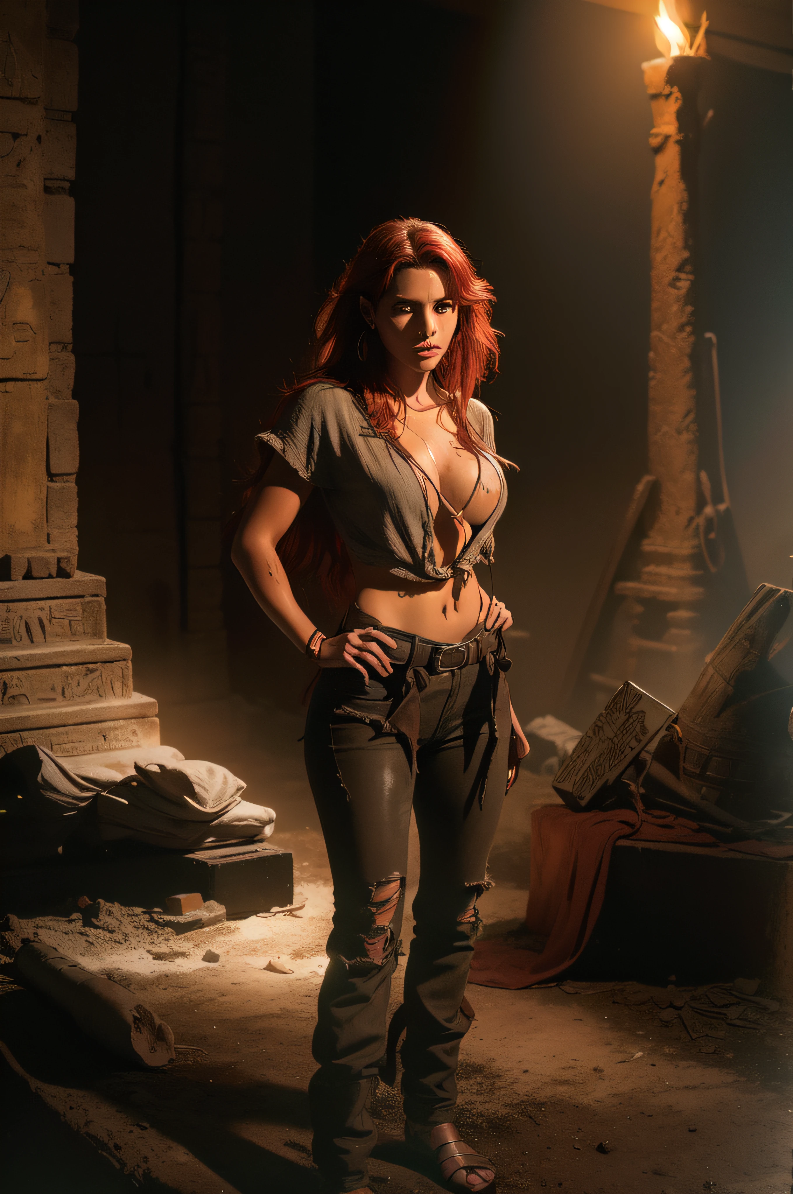 Full body picture from a long-red-haired female Indiana Jones with slightly shiny tanned skin dressed in a loose open dripping Indiana Jones outfit, with a far open shirt, with a very ripped and torn blouse with a plunging neckline, pushed down over her right shoulder; stands in a dark room lit with flickering torches on the inside of a large Egyptian pyramid. Her skin and clothes are dirty with mud. A large dark menacing shadow moves in the background.