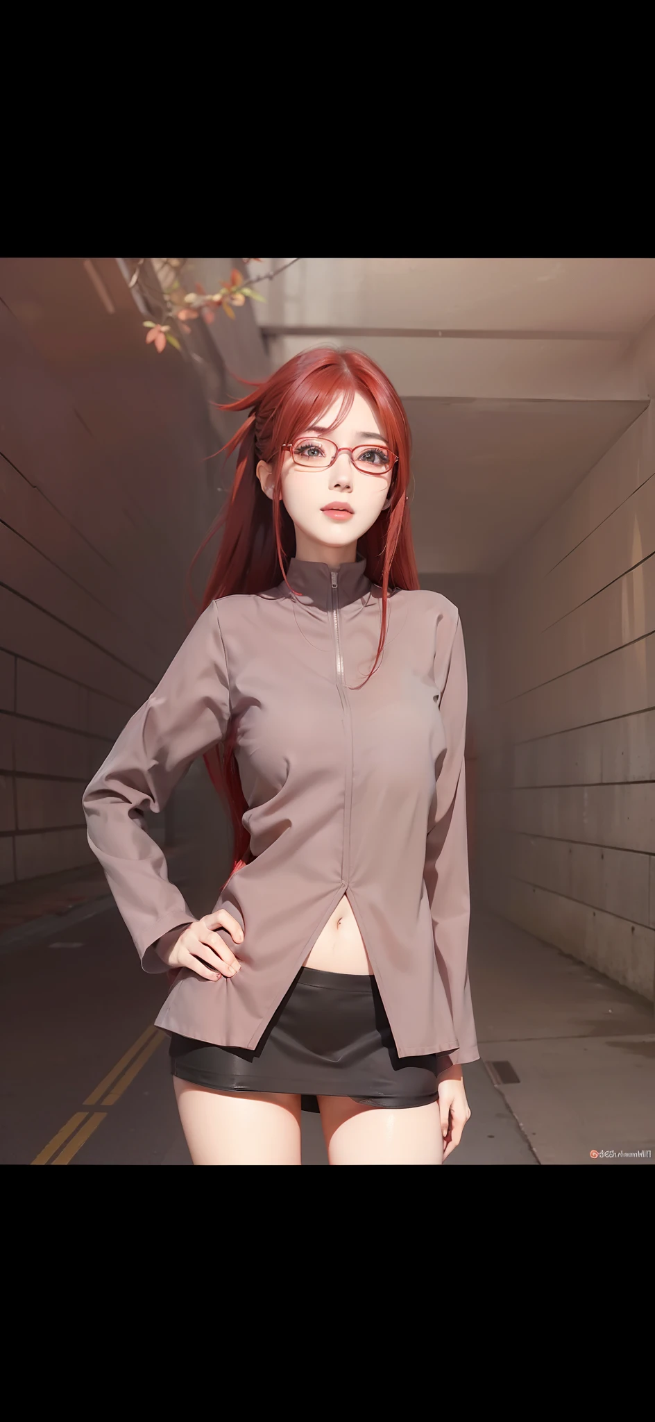 1girl, uzumaki karin in anime naruto, long hair, red hair, red eyes, smile, beautiful, wear red glasses, sexy dress, sexy clothes, grey clothes, very big breast, realistic clothes, detail clothes, outdoor background, ultra detail, realistic