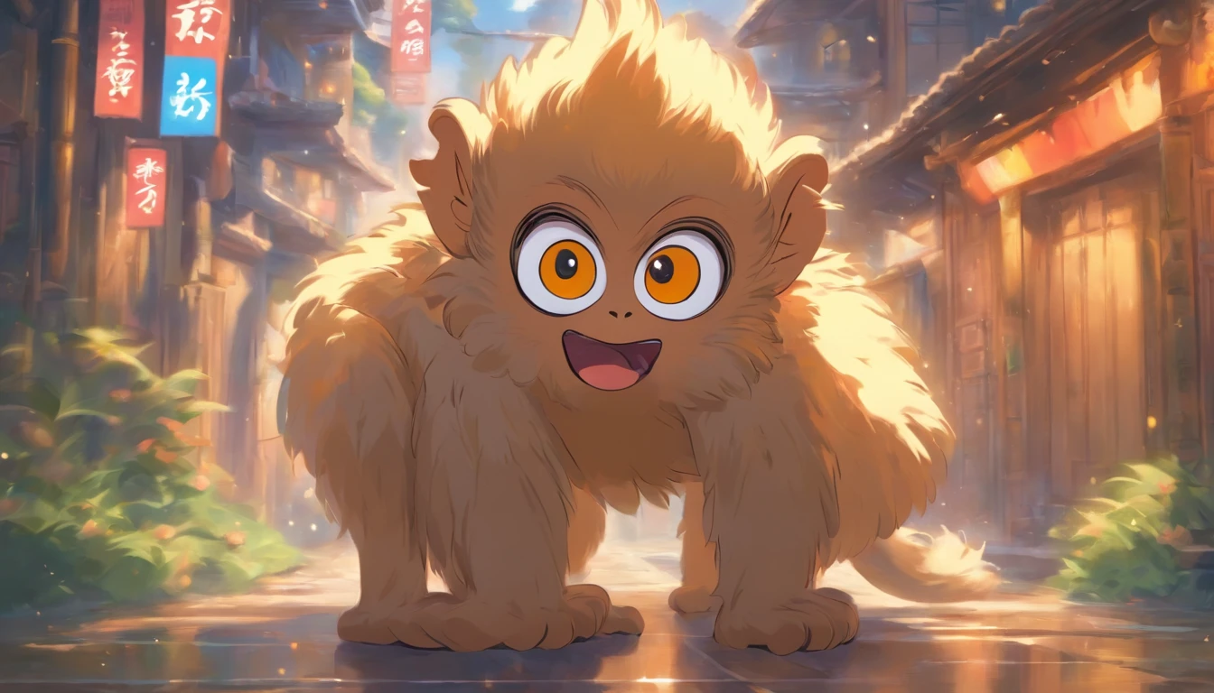 a Fluffy monkey，Big eyes, happy, open mouth, Standing by the street，ancient style, Snes painting