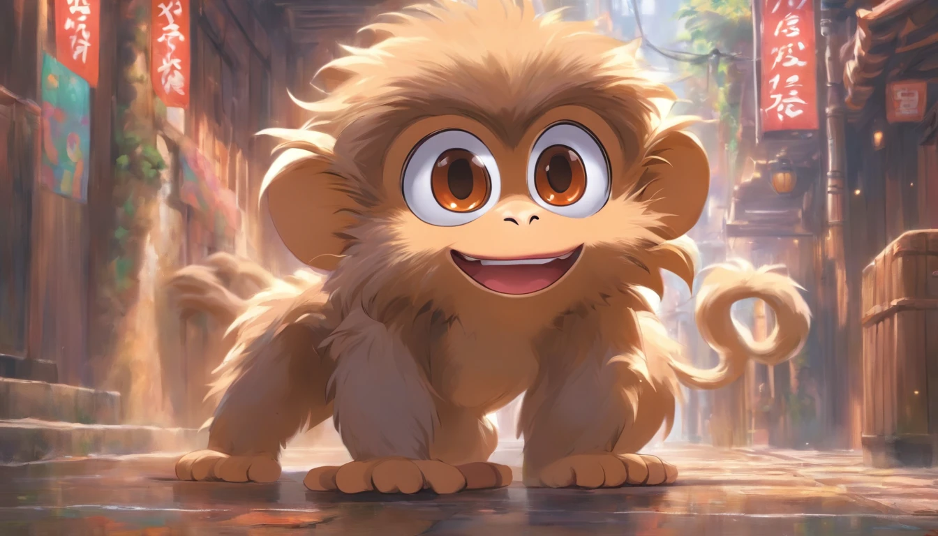 a Fluffy monkey,Big eyes, happy, open mouth, Standing by the street,ancient style, Snes painting