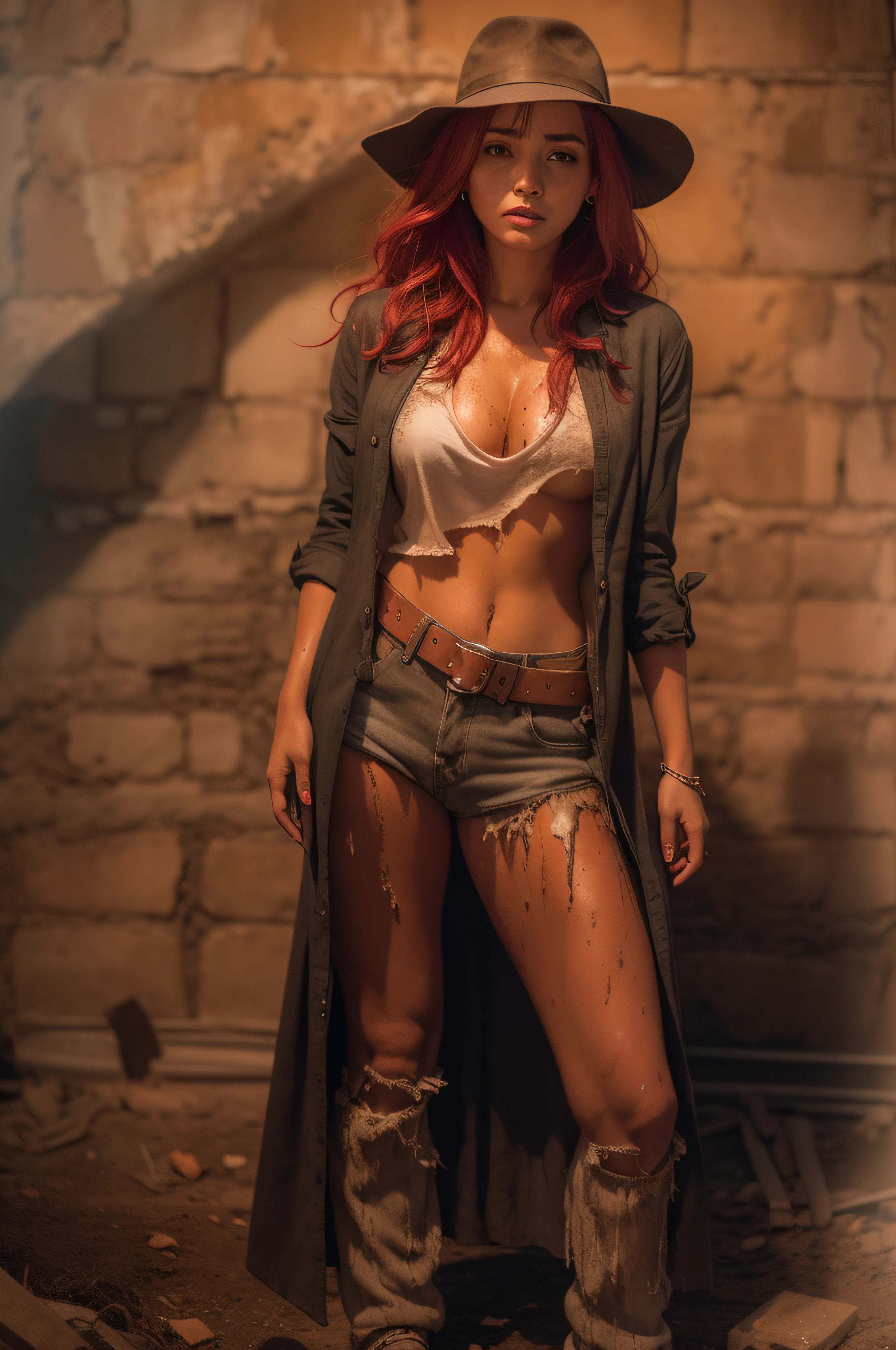 Full body picture from a long-red-haired female Indiana Jones with slightly shiny tanned skin dressed in a loose open dripping Indiana Jones outfit, with a far open shirt, with a very ripped and torn blouse with a plunging neckline, pushed down over her right shoulder; stands in a dark room lit with flickering torches on the inside of a large Egyptian pyramid. Her skin and clothes are dirty with mud. A large dark menacing shadow moves in the background.