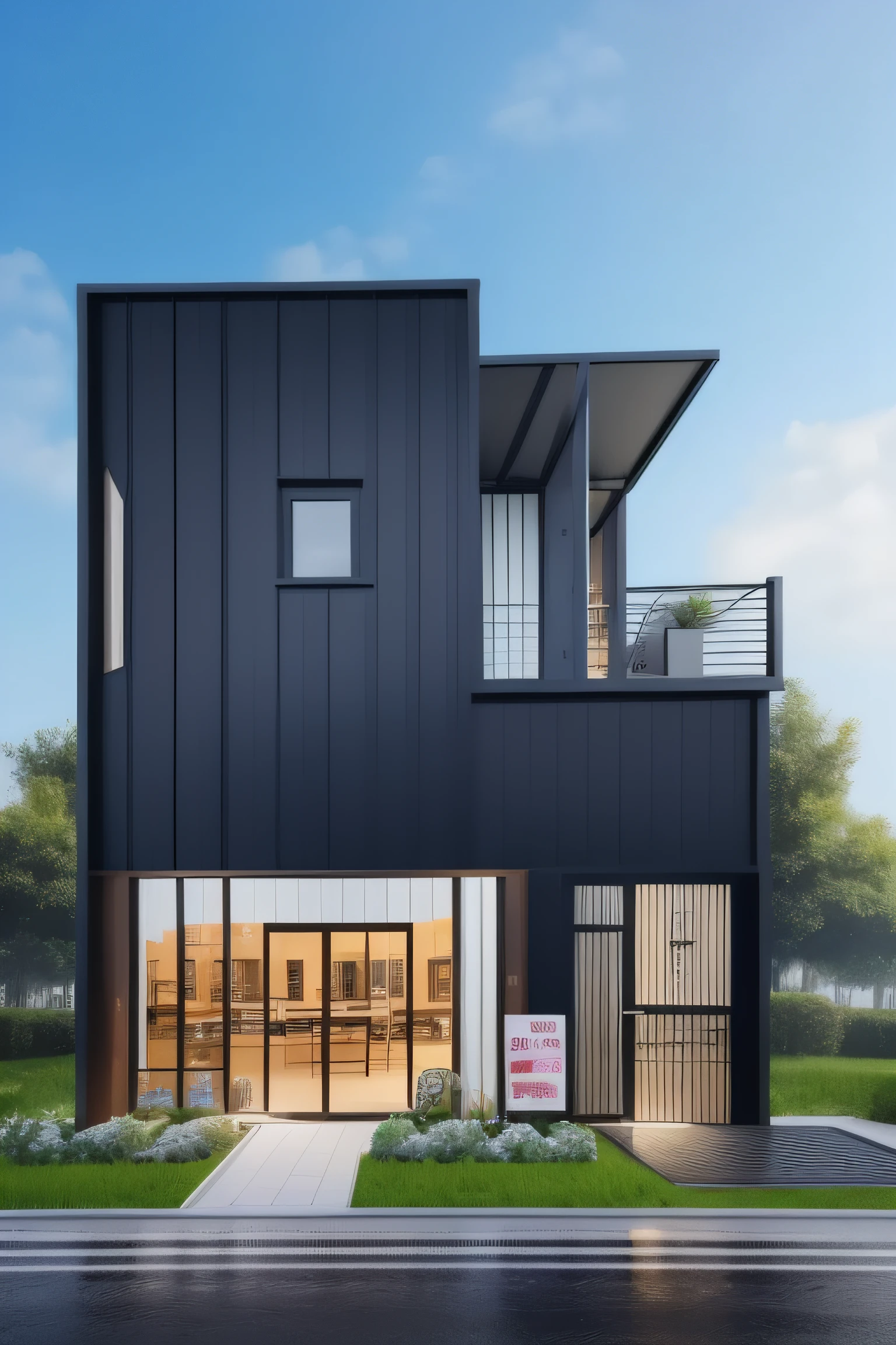 Modern single bulding cafe with black signboard, parking bay at front, hyper realistic