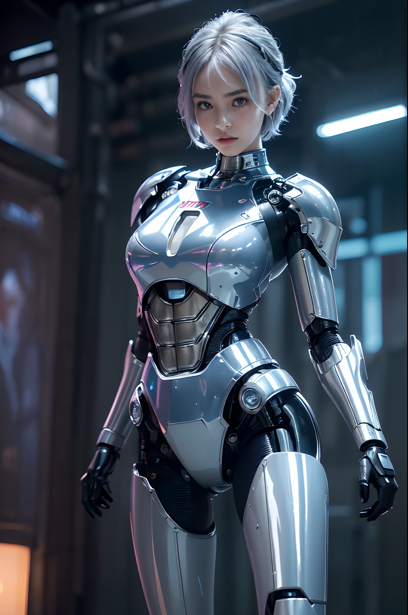 the best ever、8K,(((full body Esbian)))、(((The sheen)))、(((metalic)))、(((Very glossy mirror surface、Full body armor without very hard iron logo)))、(((cyberpunked)))、The cute beauty of the mecha(Best Quality, Detailed details, masutepiece, , Chiaroscuro，(Very well-shaped medium milk,,,,,,,,,、Bust photos are ultra-realistic and realistic), Highly detailed Hasselblad photos )、(((Beautiful and shining natural eyes)))、（((Highly photorealistic human beings)))、(Perfectly round pupils)、(((The details of the iris of the pupil are very amazing)))、(((Shining eyes)))、(((accurate fingers)))、(((Limbs without breakdowns)))、(((The face of a Caucasian 14 year old girl)))、(((Details of the very white skin of one Caucasian girl)))、Naturally closed mouth 、Staring eyes、(((eyesight)))、a baby face、Feminine face、Feminine body、with round face、(((Caucasian High Nose)))、a small face、soft cheeks、Looking at the camera、Naturally closed mouth、Balanced face、(((drooing eyes)))、(((Not a crushing eye)))、(((Human-like Caucasian female body shape)))、(((Slightly longer arms)))、(rather long torso)、(((Pretty big hands)))、human face、(((Glowing blue light blue silver hair)))、(((Cool and cute short-cut hair)))、(((The background is the future)))、(((8 Head Body)))、(((Luminescent purple eyes)))、(((Light Blue Silver Eyebrows)))、(((of very thin eyebrows)))、Looking here、(((Gentle face)))、(((Background Mecha)))、(((Blade Runner background)))、(((RoboCop)))、Ghost in the Shell、tron、Space Detective Gavan、(((Night background)))、(((No makeup)))、(((Hollywood Science Fiction Movie Lighting))、(((Detroit in 3000 AD)))、(((Te（layer)))、Height 164cm、Leg length 80cm、the length of the head is 21 cm、,Very subtlyＸan legs、(((Cool shooting)))、(((Cool pose)))、evangerion、Rei Ayanami、(((murky)))、(((Combat readiness)))、(((Ready for Battle)))、(((cyborgs)))、(((Artificial human)))、(((No overexposure)))、(((nffsw)))、(((Natural roughness, Ultra-fine 35mm film))),((Gentle eyes))、(Very elaborate high hardness iron bikini armor without logo)、(((No