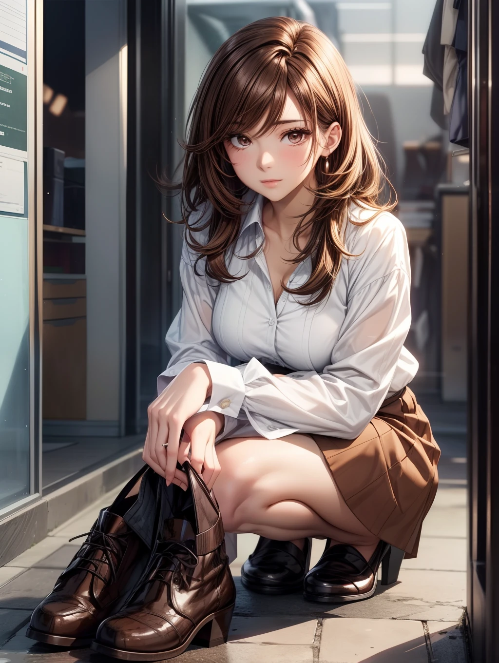 Best Quality, masutepiece, beautiful mature women、Beautiful face、Strong-minded woman、Office Suits、Brown skirt、brown haired、Brown-eyed、Longhaire、Undersized eyes、Full body like、I have a lot of files、Drop a file