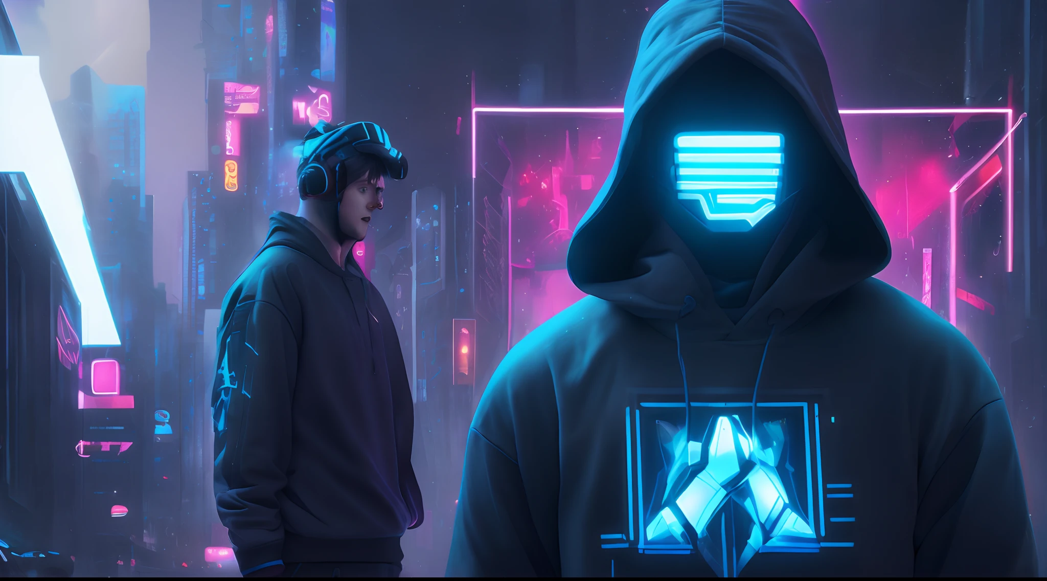 Male character, futuristic style, cyberpunk, sweatshirt, blue neon