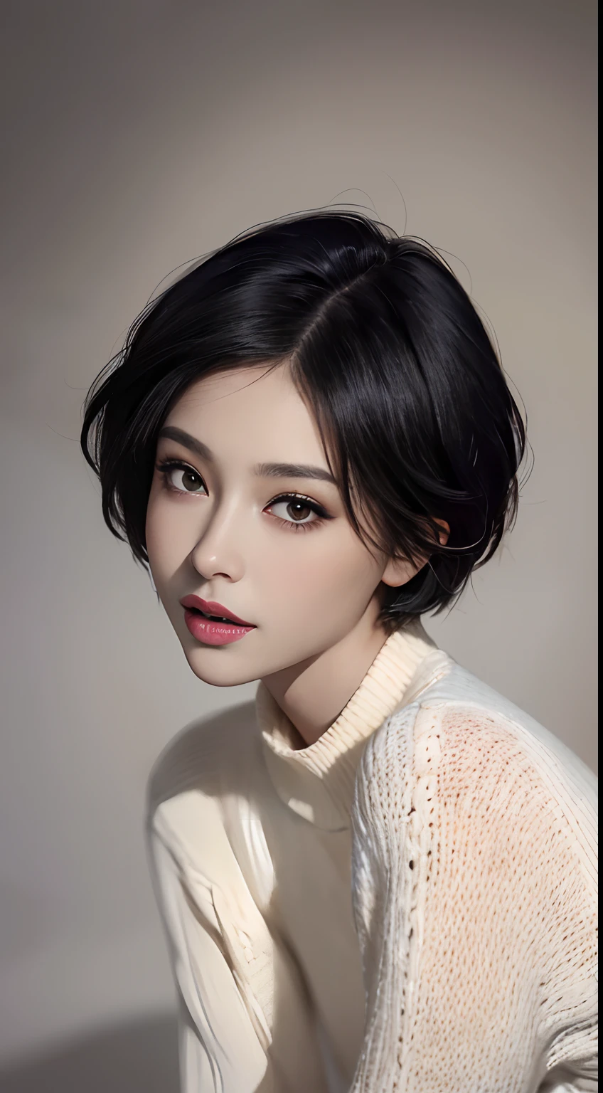 (masterpiece:1.3), (8k, photorealistic, RAW photo, best quality: 1.4), (1girl), beautiful face, (realistic face), (black hair, short hair:1.3), beautiful hairstyle, realistic eyes, beautiful detailed eyes, (realistic skin), beautiful skin, (sweater), absurdres, attractive, ultra high res, ultra realistic, highly detailed, golden ratio