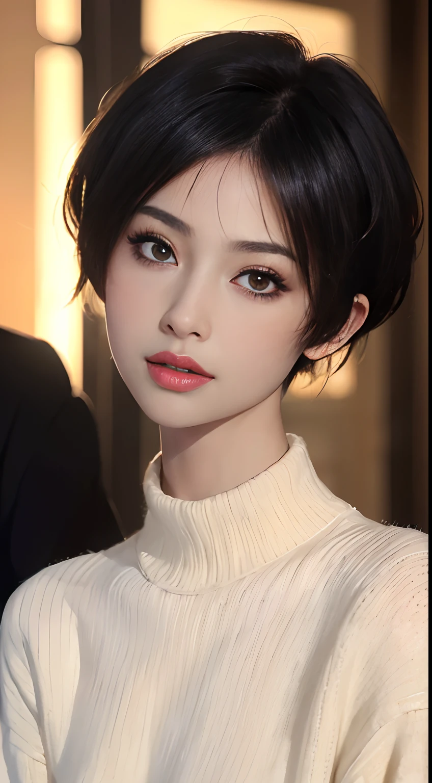 (masterpiece:1.3), (8k, photorealistic, RAW photo, best quality: 1.4), (1girl), beautiful face, (realistic face), (black hair, short hair:1.3), beautiful hairstyle, realistic eyes, beautiful detailed eyes, (realistic skin), beautiful skin, (sweater), absurdres, attractive, ultra high res, ultra realistic, highly detailed, golden ratio