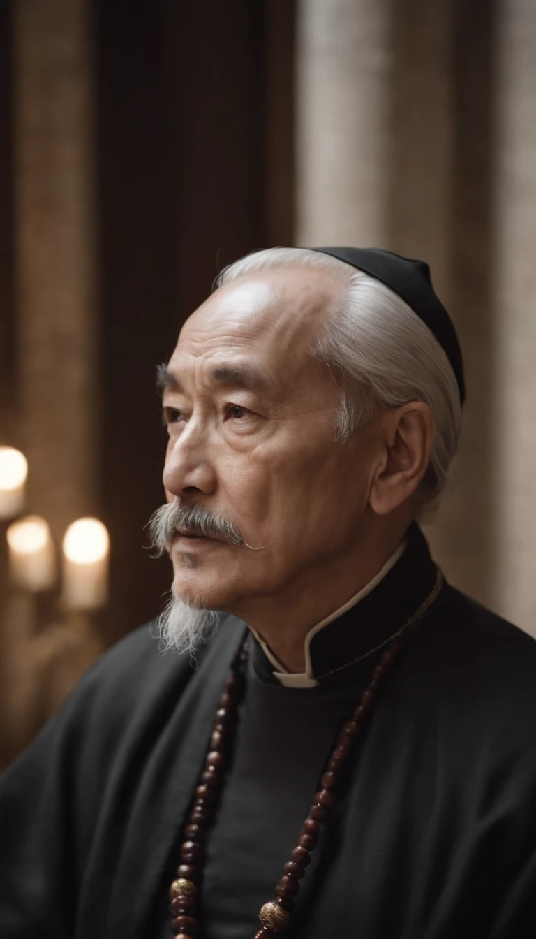 Immortals。Immortal,Temple,Meditate,Prayer beads,stately,a old man。white mustache,a cassock