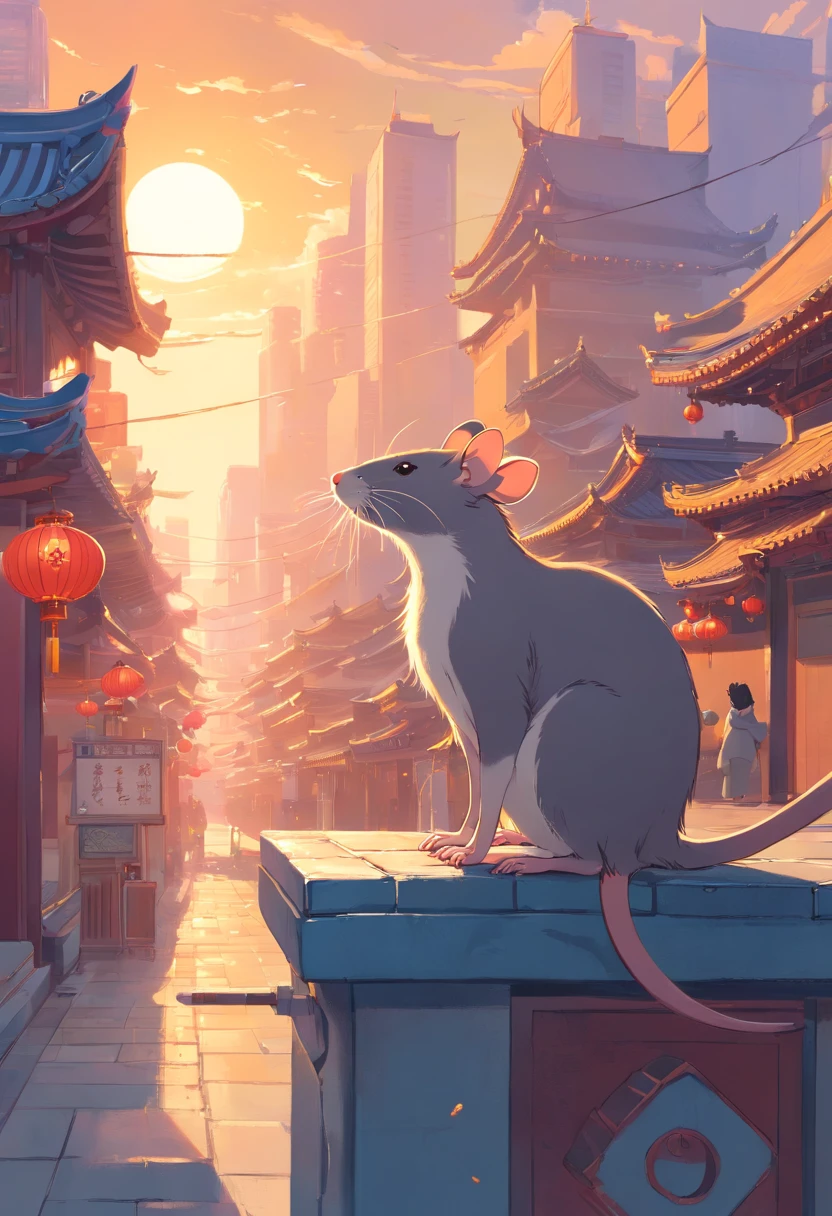 Chinese rats on Chang'an City, Art Nouveau style illustration, Detailed sky, chinapunk, Explanatory narrative, solarizing master, quito school, Visual poetry