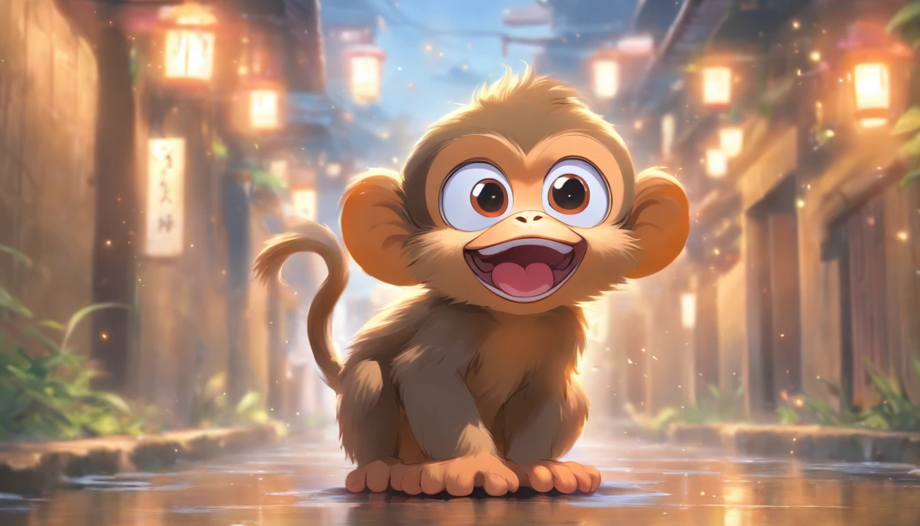 a Fluffy monkey,Big eyes, happy, open mouth, Standing by the street,ancient style, Snes painting