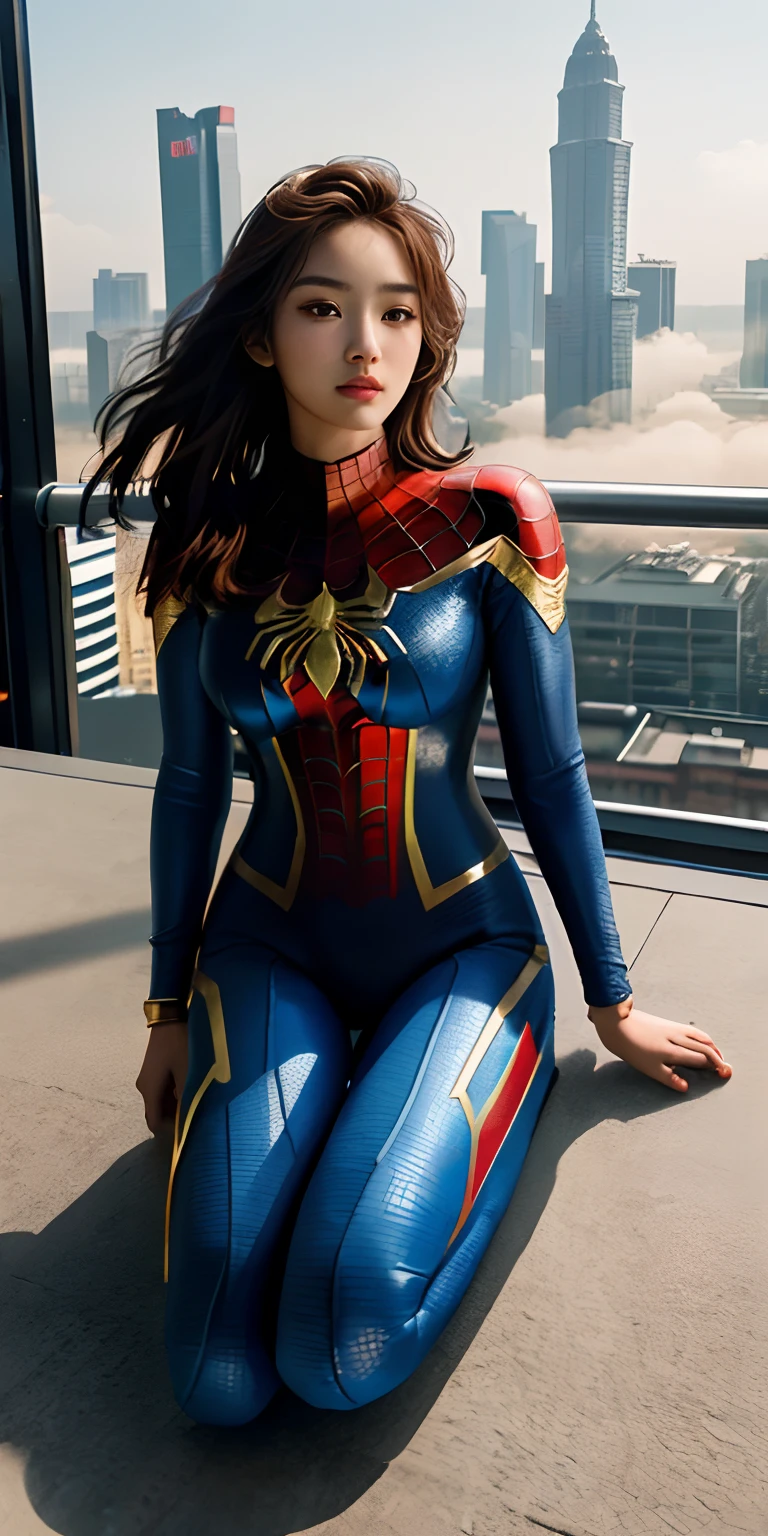 (1 woman:1.3), alone, (((Very detailed face)))), ((very detailed 눈과 얼굴)))), beautiful 디테일의 눈, body parts__, official art, Integrated 8K wallpaper, very detailed, beautiful and beautiful, beautiful, masterpiece, best quality, original, masterpiece, very nice photo, best quality, ultra high resolution, realistic realism, sunlight, full body portrait, amazing beauty, dynamic pose, delicate face, lively eyes, (in front), she wears a spiderman suit, red and black color scheme, spider, very detailed 도시 지붕 배경, rooftop, overlooking the city, detailed face, Detailed complex busy background, crummy, very cool, milk white, very detailed 피부, realistic skin details, visible pores, clear focus, volumetric fog, 8k words, dslr, high quality, film grain, fair skin, photo realism, lomography, Futuristic dystopian megacity, transparent