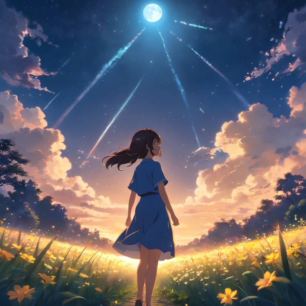 Expansive landscape photograph , (View from below,Displays the sky above and the clearing below), a girl standing on flower field looking up, (full moon:1.2), ( meteors:0.9), (Starcloud:1.3), Far Mountain, Tree BREAK Production Art, (Warm light source:1.2), (Firefly:1.2), lamp lights,