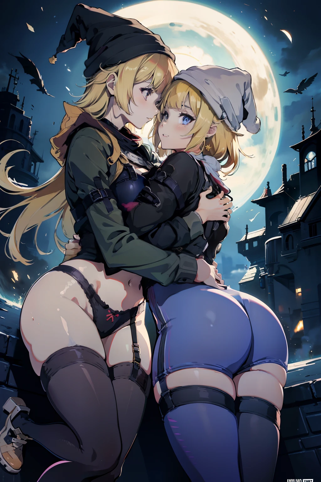 matching hairstyle,Match poses,sexyposture,High split end,high-waist,Bright colors,Magic background,water background,the sky background,2girls,2 Witches,Witch hat,Stocking tights,Jumpsuits,Intimate dress,Wrap tightly,Sexy bra,Pantyhose wrapped around the hips,Sexy,Wrap your entire body in clothes,Not exposed,mistic,abstact,Lady,Smiling,inquisitive,Extremely beautiful legs,Sexy girl pose,lesbian,French kiss,Wet kiss,face to face,hugs,cuddle,Close contacts,Snugly fit together,Side Body,Kiss,tongue kissing,Lovers,stroking each other,desire big breasts,squelch,Body overlap,squishing,Squeeze the chest,Squeeze each other's chests,Love,Love each other,sitting on the stone,garter,leg loops,Sexy bra,Pantyhose wrapped around the hips,Open at the underwear,clear clothing,Fully transparent,titmouse,camel-toe,body curve,stooped,mistic,Stocking tights,Jumpsuits,((((dramatics))),A movie poster with a young woman as the central character。Witch hat,schoolgirl,She stands confidently in the center of the poster,Wear fashion-forward attire。The background is dark and tough,There is a sense of danger and intensity, The color palette is predominantly dark,With bright colors,giving the poster a dynamic and visually striking appearance,tachi-e (Magazines:1.3),(Cover style:1.3),Fashionab,woman,with dynamism,garments,posing on a,frontage,rich colourful,dyna,Background with,element in,self-assured,Expressing the,halter,statement,Accessories,A majestic,coil,Runt,Touching pubic area,Scenes,Cover of a,Bold,attention-grabbing,Fashionab,Catchy,titles,more big,attention-grabbing, modern day, Fashionab, focal, Fashionab,There is no title,There is no text