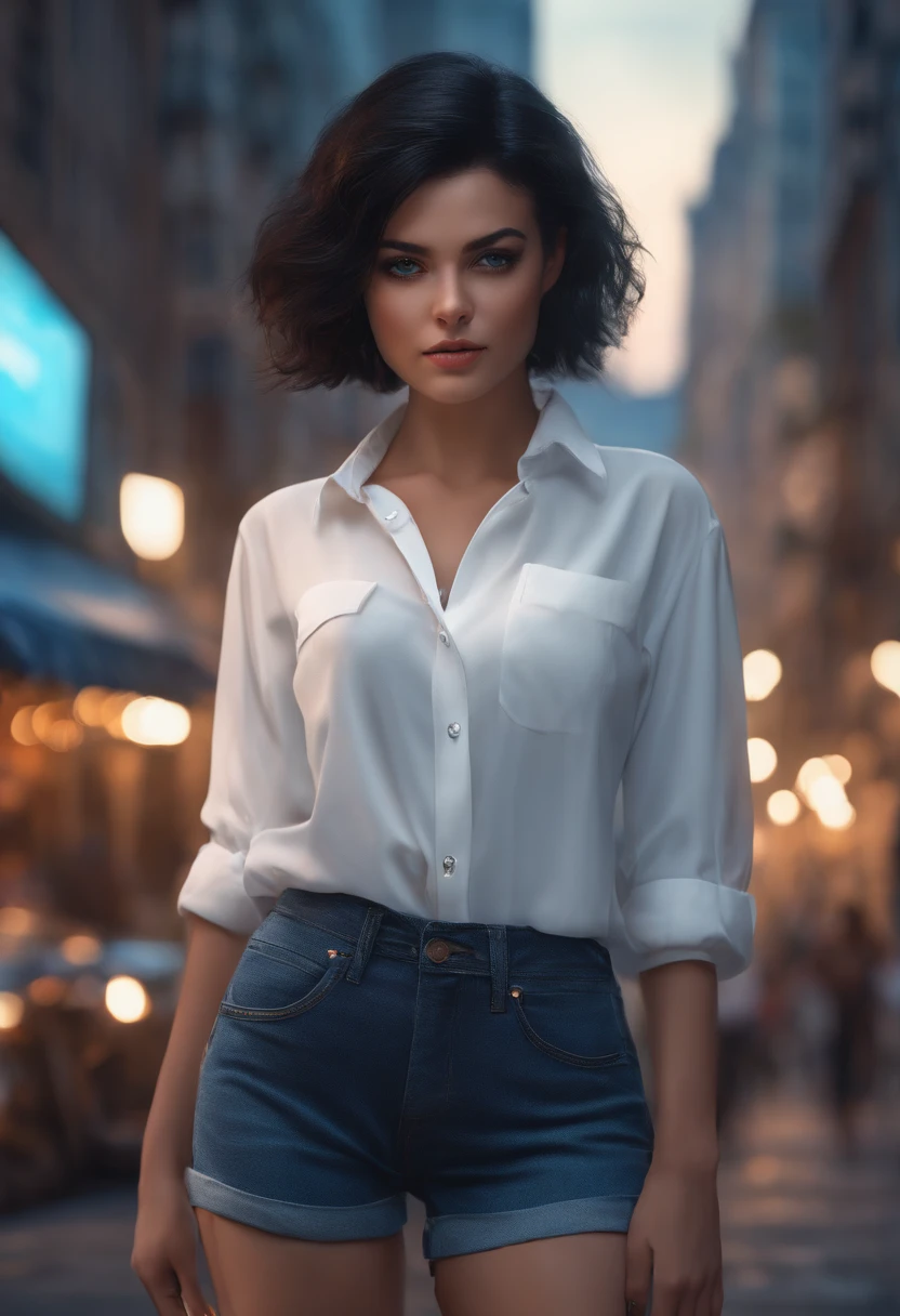 sexy 1girl, short black hair, blue eyes, wearing plain white shirt, denim shorts, city, absurdres, high res, ultrasharp, 8K, masterpiece, looking at viewer