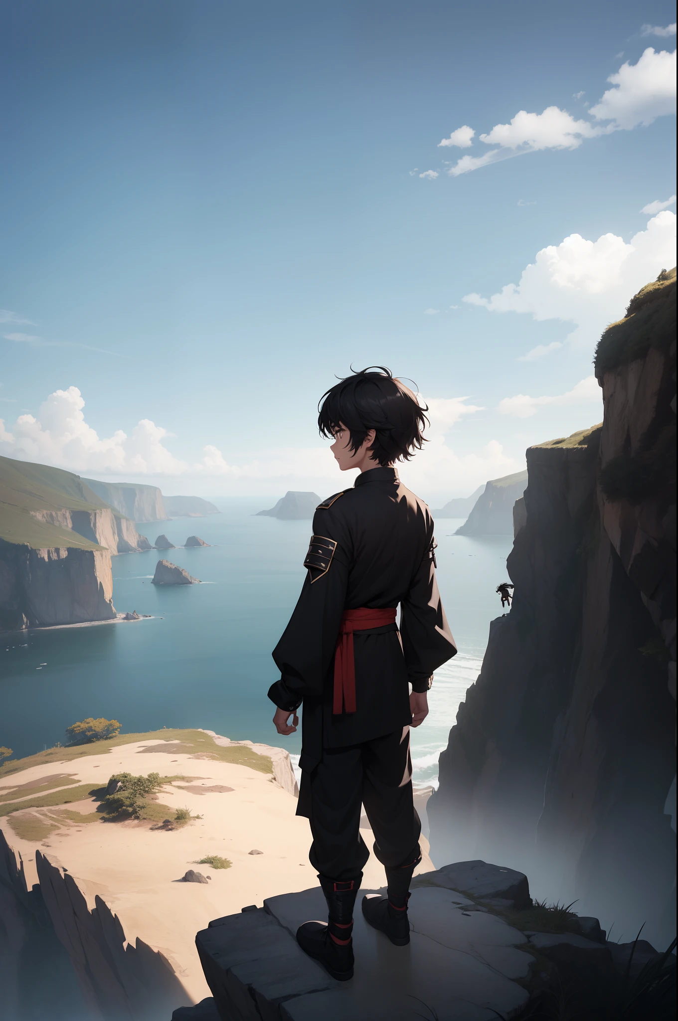 boy wearing black oriental fighter clothes with adventurer pants, standing above a cliff and looking at the far horizon, with his back facing the camera, cinematic scene, epic scene, wind blowing by the sides, the boy has short black messy hair.