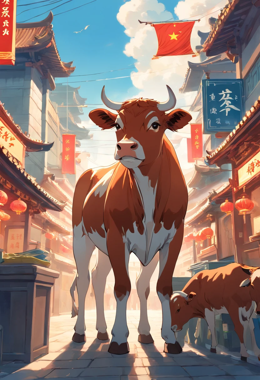 Chinese cattle on Chang'an City, Art Nouveau style illustration, Detailed sky, chinapunk, Explanatory narrative, solarizing master, quito school, Visual poetry