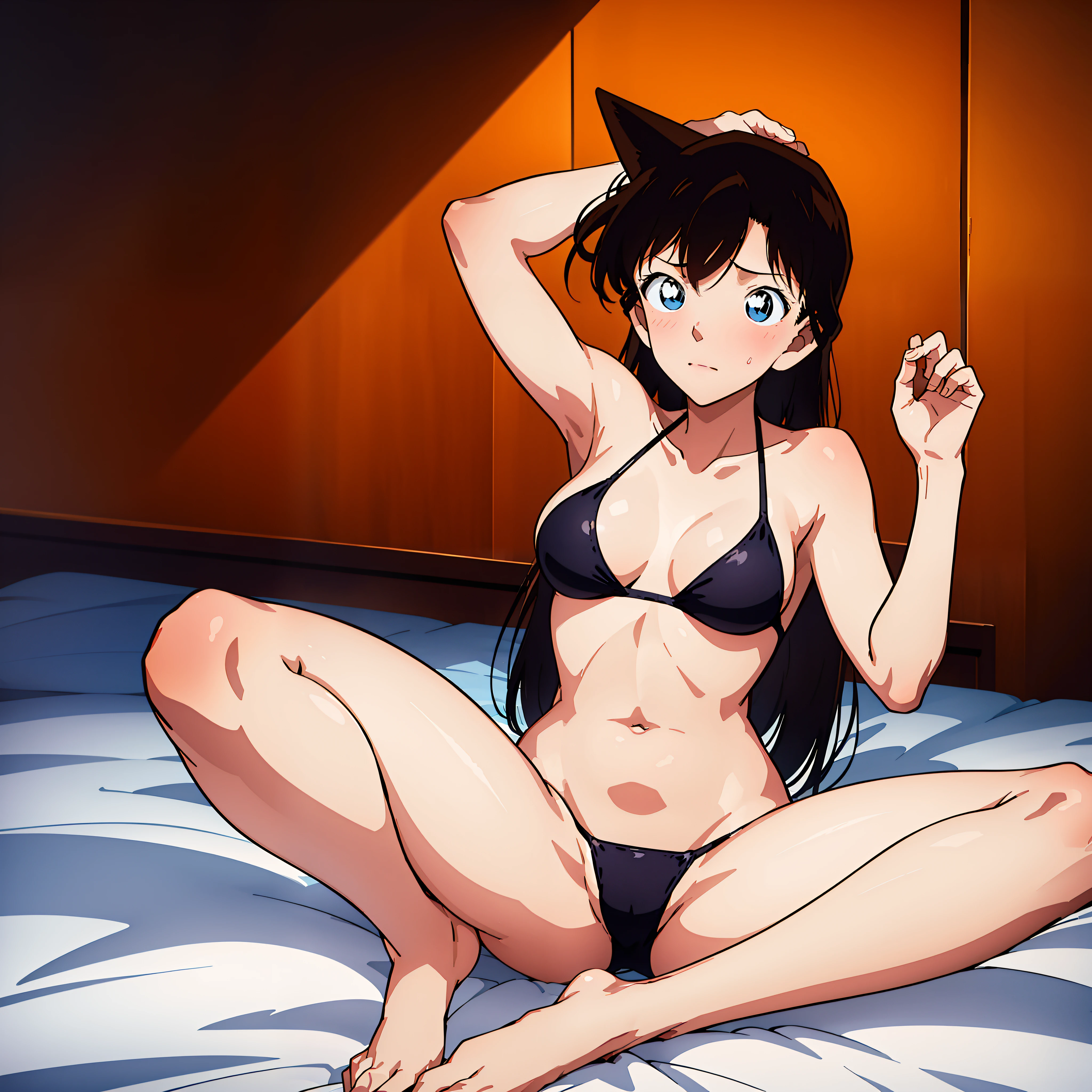 superfine illustration,Solo, 1girl in,Dynamic Angle,Cowboy Shot,Woman on top,The bikini,Beautiful breasts,Indian style,Bedroom,on the bed,embarrassed from,cute little,spread legs, anime colored, {{{masterpiece}}},
{{{{{official art}}}}},
{{{high quality}}},
{{{best quality}}},
{{{{8k_wallpaper}}}},
{{{{extremely detailed eyes}}}},
{{{{extremely detailed body}}}},
{{{{extremely detailed finger}}}}, orgasm, medium breasts, female orgasm, underwear, indoors, bra, lace panties, angry,closed mouth