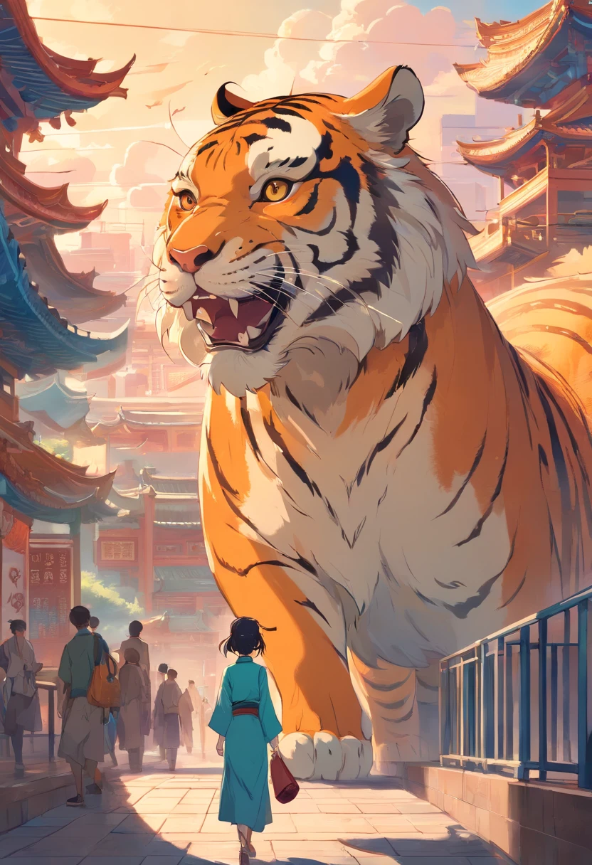 Chinese tigers on Chang'an City, Art Nouveau style illustration, Detailed sky, chinapunk, Explanatory narrative, solarizing master, quito school, Visual poetry