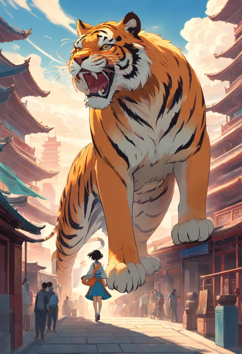 Chinese tigers on Chang'an City, Art Nouveau style illustration, Detailed sky, chinapunk, Explanatory narrative, solarizing master, quito school, Visual poetry