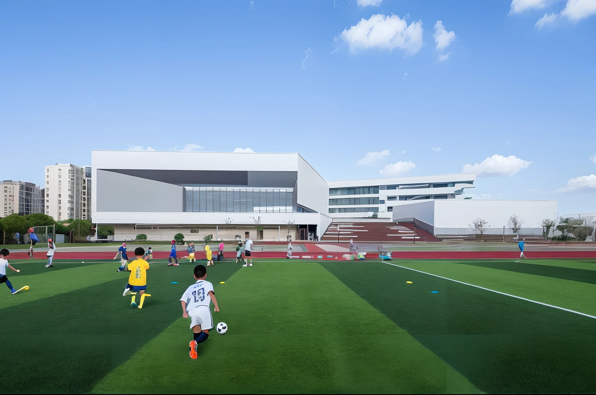 Several children playing soccer in the green space in front of a building, author:Chass is silent, “wide shot, artist unknown, soccer court, school, Award-winning, Award - Winning, Chen Zezhou, ground - level view, ground-level view, ; Wide shot, feng zhu |, wide angle exterior 2022