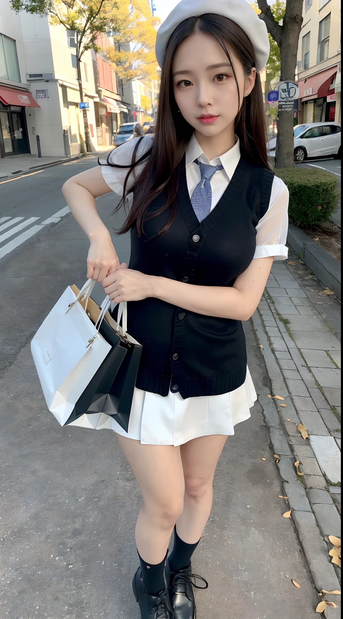 mix4, (16 K, Raw photography, Top image quality, masterpiece: 1.45), (realisitic, Photorealsitic: 1.37), one girls, 7.5, etc,cute little, A city scape,, profetional lighting, photon maping, Downtown Shibuya, physically-based renderingt, Gradient black hair,, a handsome, girl with, (((student clothes、Silk white blouse with short sleeves、Dark blue knitted vest、White Silk Mini Skirt、No red tie pattern、Black High Socks、Black Loafers Leather Shoes))), Top Quality Photos, hight resolution, 1080p, (clearface), (Detailed face description), (Detailed hand description), (masterpiece), (Exquisite CG)、extreme light and shadows、dishevled hair、master work、abundant detail、(Fine facial features)、(top quality photo)、(masuter piece)、(A detailed eye)、Look in front of you、Fine clavicle、((Slender big))、((White beret)))、((Cute idol system))、((A shopping street with ginkgo trees))、(Shooting from random perspectives)、(((Anyway cute)))、耳Nipple Ring、A big smile、Drawing the whole body from the knees、Do not draw nasolabial folds、(((Holding a leather student bag in your hand)))、Big breasts that hang down big、Two legs、(((Standing Pose:1.3)))、bare hand、Hands out of the sleeves of blouses、