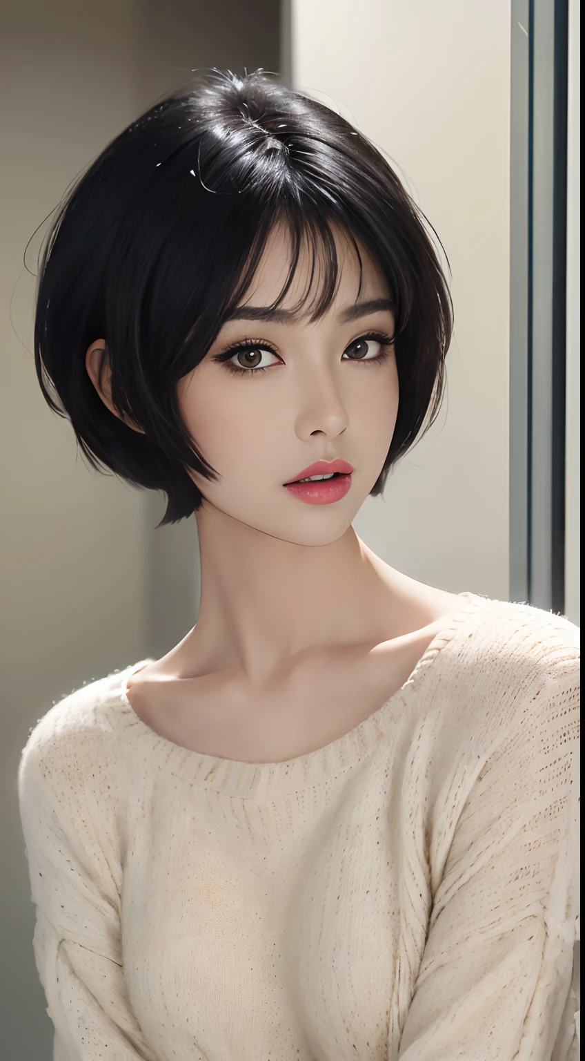 (masterpiece:1.3), (8k, photorealistic, RAW photo, best quality: 1.4), (1girl), beautiful face, (realistic face), (black hair, short hair:1.3), beautiful hairstyle, realistic eyes, beautiful detailed eyes, (realistic skin), beautiful skin, (sweater), absurdres, attractive, ultra high res, ultra realistic, highly detailed, golden ratio