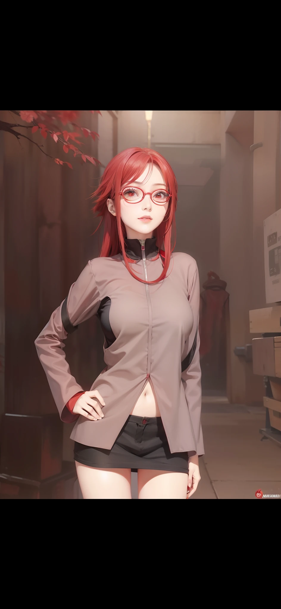 1girl, uzumaki karin in anime naruto, long hair, red hair, red eyes, smile, beautiful, wear red glasses, sexy dress, sexy clothes, grey clothes, very big breast, realistic clothes, detail clothes, outdoor background, ultra detail, realistic
