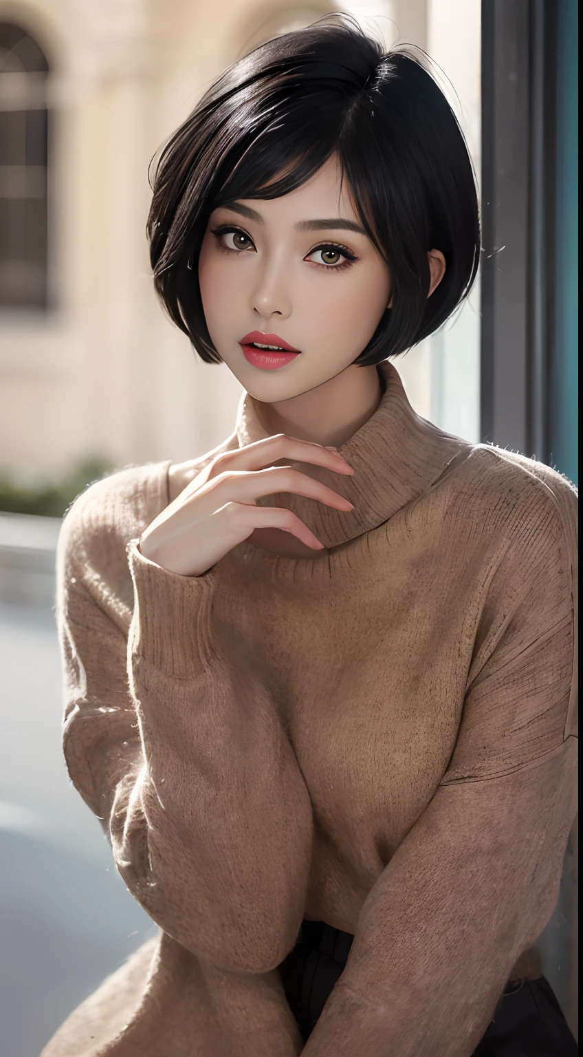 (masterpiece:1.3), (8k, photorealistic, RAW photo, best quality: 1.4), (1girl), beautiful face, (realistic face), (black hair, short hair:1.3), beautiful hairstyle, realistic eyes, beautiful detailed eyes, (realistic skin), beautiful skin, (sweater), absurdres, attractive, ultra high res, ultra realistic, highly detailed, golden ratio