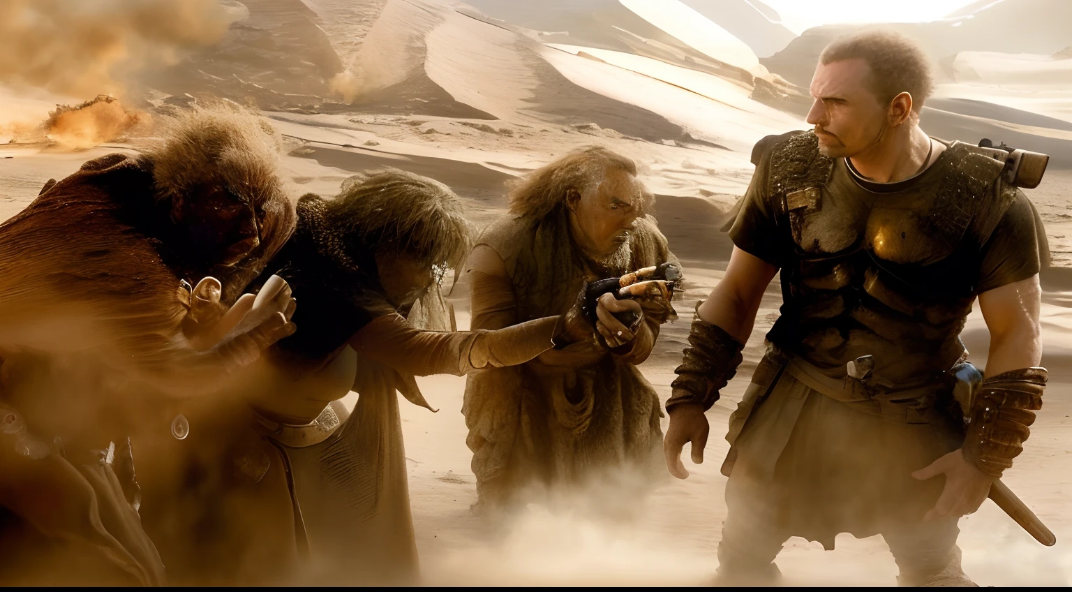 arafed scene of a group of people in a desert area, epic scifi movie still, an epic scifi movie still, scene from dune 2 0 2 1 movie, film still dnd movie, still from a ridley scott movie, dramatic sci-fi movie still, sci-fi movie still, mad max fury road film still, film still dnd