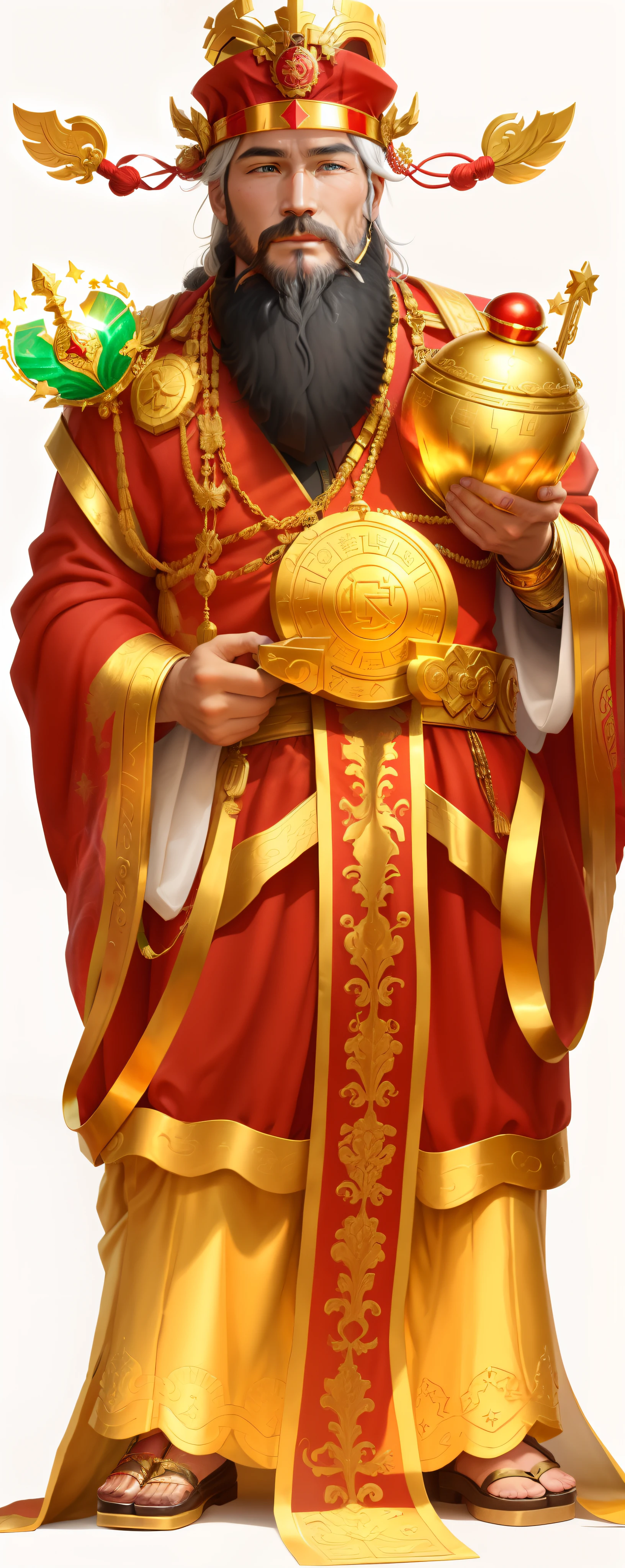God of Wealth，Also known as the Fortune Star Lord，That is, to increase the blessing of the God of Wealth。The statues and portraits are dressed as civil officials，Wears a prime minister's gauze hat，Face white hair long，Five strands of long whiskers，Hold it in hand，Dressed in a python robe，Pedal ingots