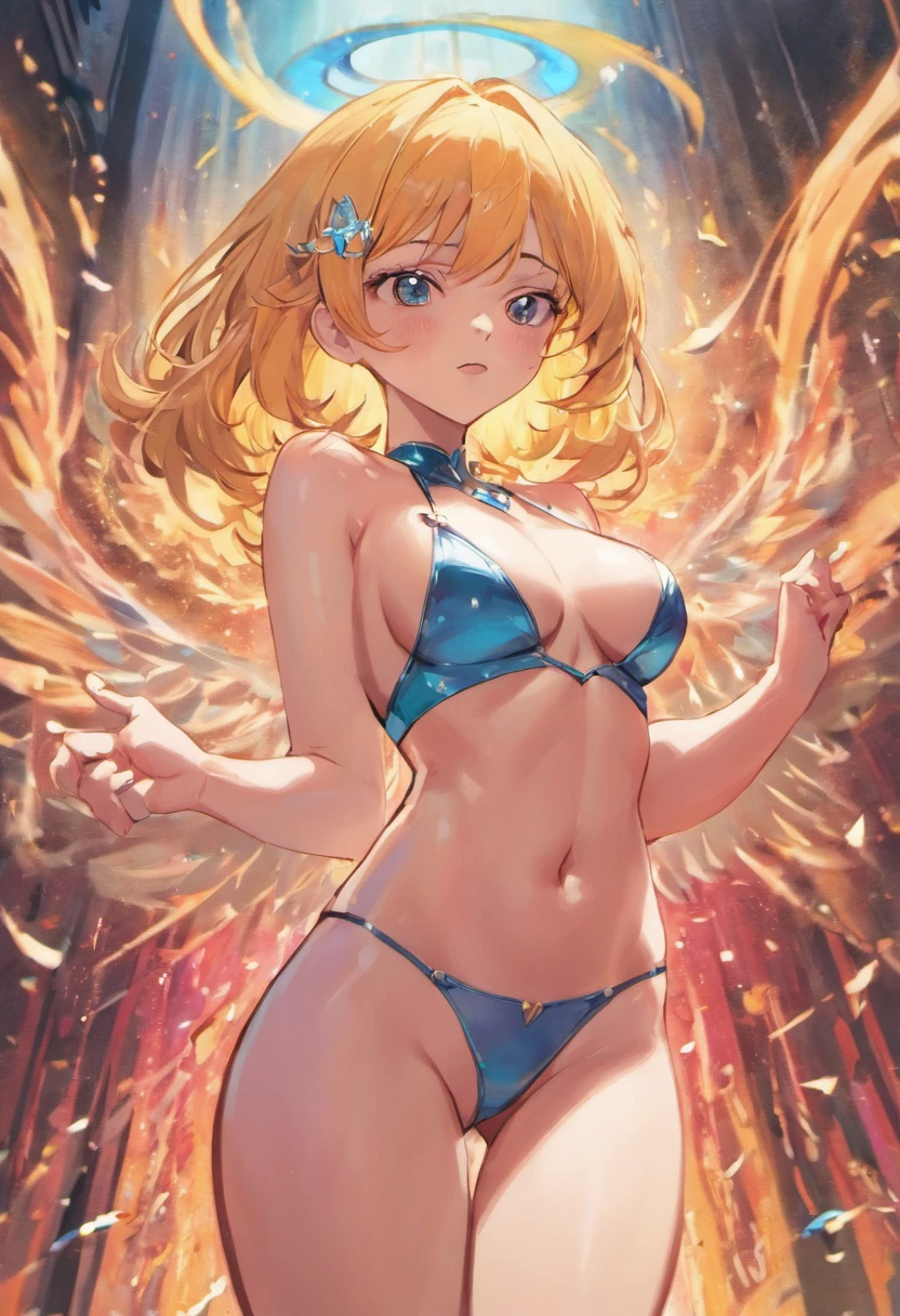Mulher de 21 anos, garota anime, linda, sedutora, sorridente, olhos vermelhos, cabelos loiros, cabelos longos, pele branca, rosy lips, corpo inteiro desenhado, peitos grandes, mamas grandes, seios grandes e redondos, cintura fina, defined abdomen, quadril largo, bunda empinada, coxas grossas, pernas longas, corpo inteiro. Amazing sexy woman with stunning curves.