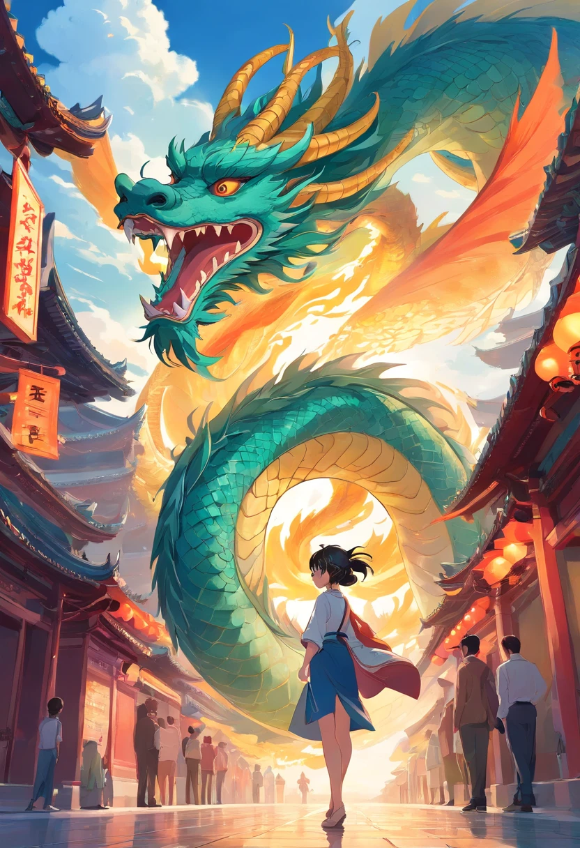 Chinese dragon on Chang'an City, Art Nouveau style illustration, Detailed sky, chinapunk, Explanatory narrative, solarizing master, quito school, Visual poetry