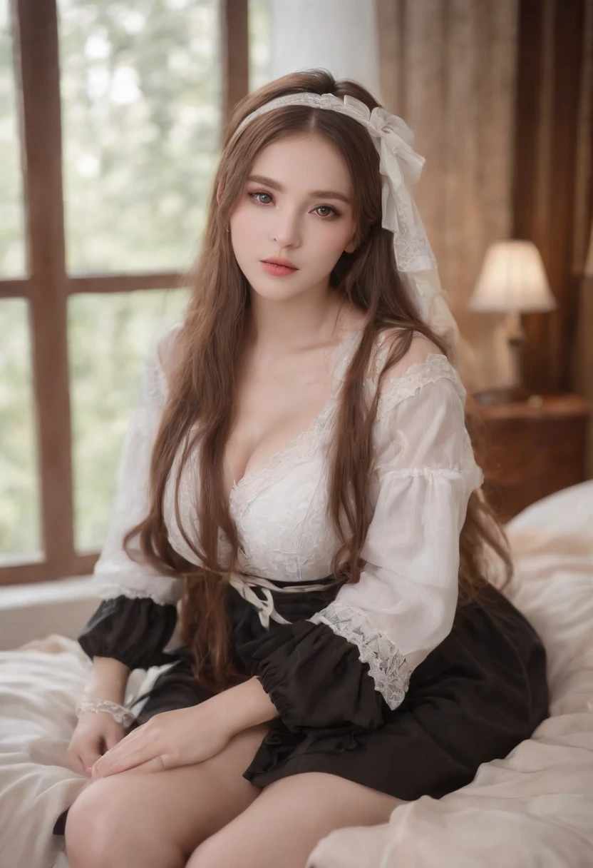 Works of masters,(((A beautiful girl with a chubby figure))),Fat and strong,Best image quality,8K分辨率,in a panoramic view,Realistic portraits,exquisite facial features,s the perfect face,Glowing skin,Lori huge breasts cleavage,long whitr hair,hair straight,Lolita hair accessories,tee shirt,pleatedskirt,Lolita style,Lace-up boots,stocklings,Stack socks,Thigh tie,springtime,Beds,floor to ceiling window,are standing