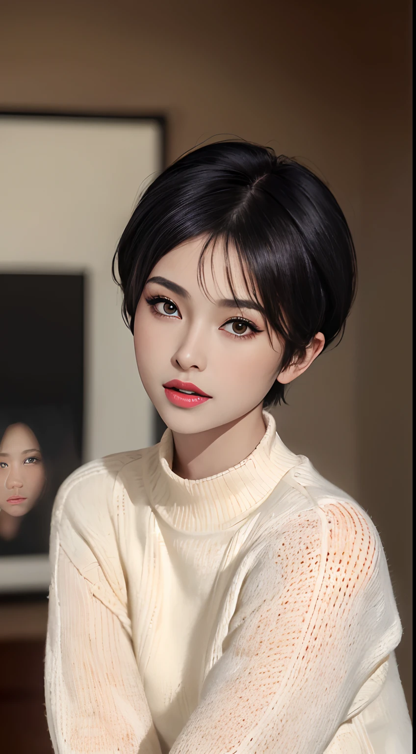 (masterpiece:1.3), (8k, photorealistic, RAW photo, best quality: 1.4), (1girl), beautiful face, (realistic face), (black hair, short hair:1.3), beautiful hairstyle, realistic eyes, beautiful detailed eyes, (realistic skin), beautiful skin, (sweater), absurdres, attractive, ultra high res, ultra realistic, highly detailed, golden ratio