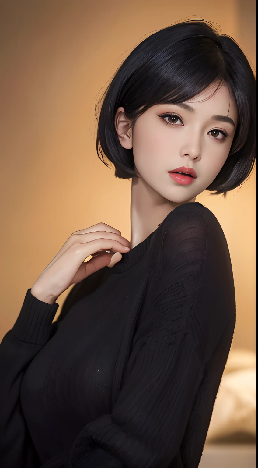 (masterpiece:1.3), (8k, photorealistic, RAW photo, best quality: 1.4), (1girl), beautiful face, (realistic face), (black hair, short hair:1.3), beautiful hairstyle, realistic eyes, beautiful detailed eyes, (realistic skin), beautiful skin, (sweater), absurdres, attractive, ultra high res, ultra realistic, highly detailed, golden ratio