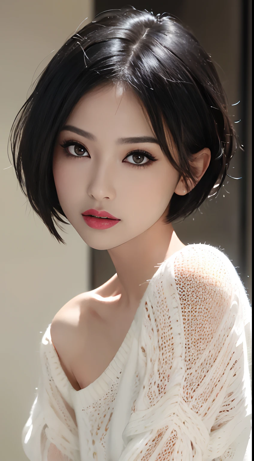 (masterpiece:1.3), (8k, photorealistic, RAW photo, best quality: 1.4), (1girl), beautiful face, (realistic face), (black hair, short hair:1.3), beautiful hairstyle, realistic eyes, beautiful detailed eyes, (realistic skin), beautiful skin, (sweater), absurdres, attractive, ultra high res, ultra realistic, highly detailed, golden ratio