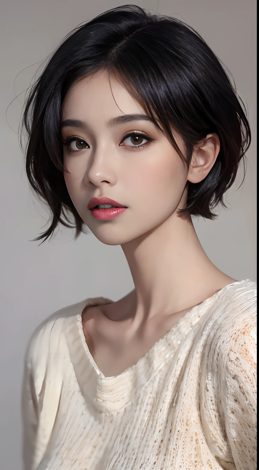 (masterpiece:1.3), (8k, photorealistic, RAW photo, best quality: 1.4), (1girl), beautiful face, (realistic face), (black hair, short hair:1.3), beautiful hairstyle, realistic eyes, beautiful detailed eyes, (realistic skin), beautiful skin, (sweater), absurdres, attractive, ultra high res, ultra realistic, highly detailed, golden ratio