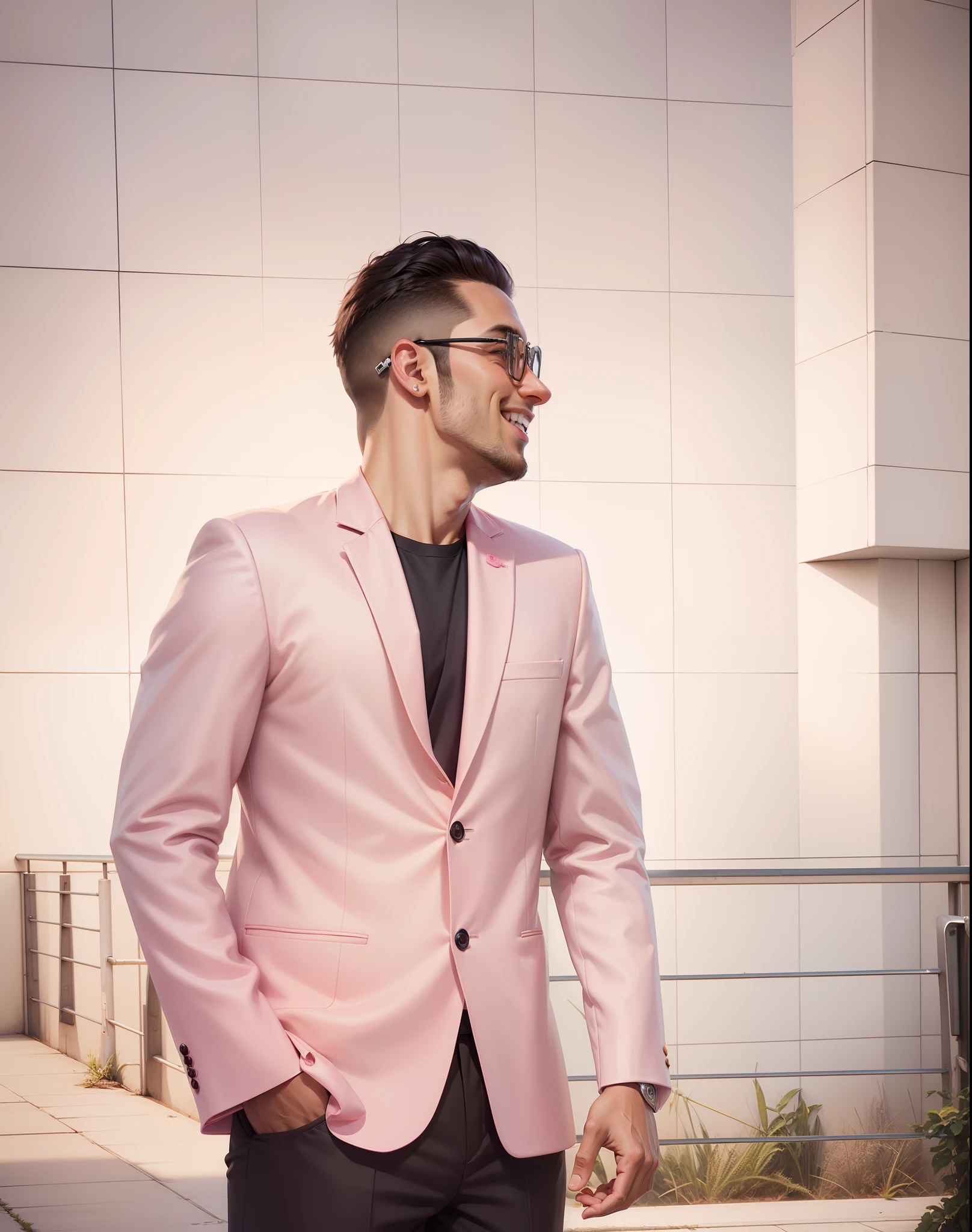 Change background handsome boy realistic smile face pink suit 8k