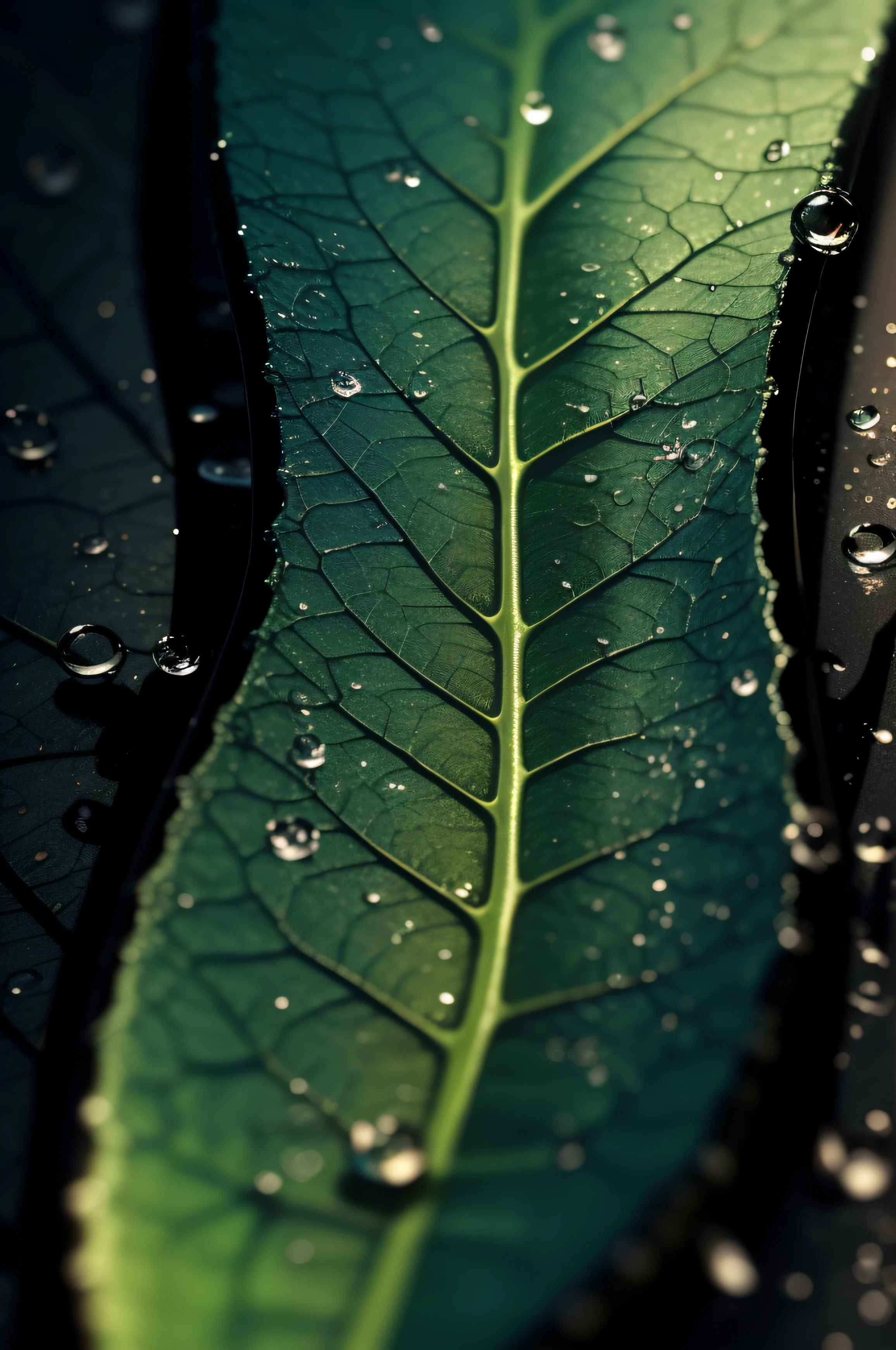 High contrast iPhone background, close up image of a black leaf with water droplets, subtle colored reflected by water droplets