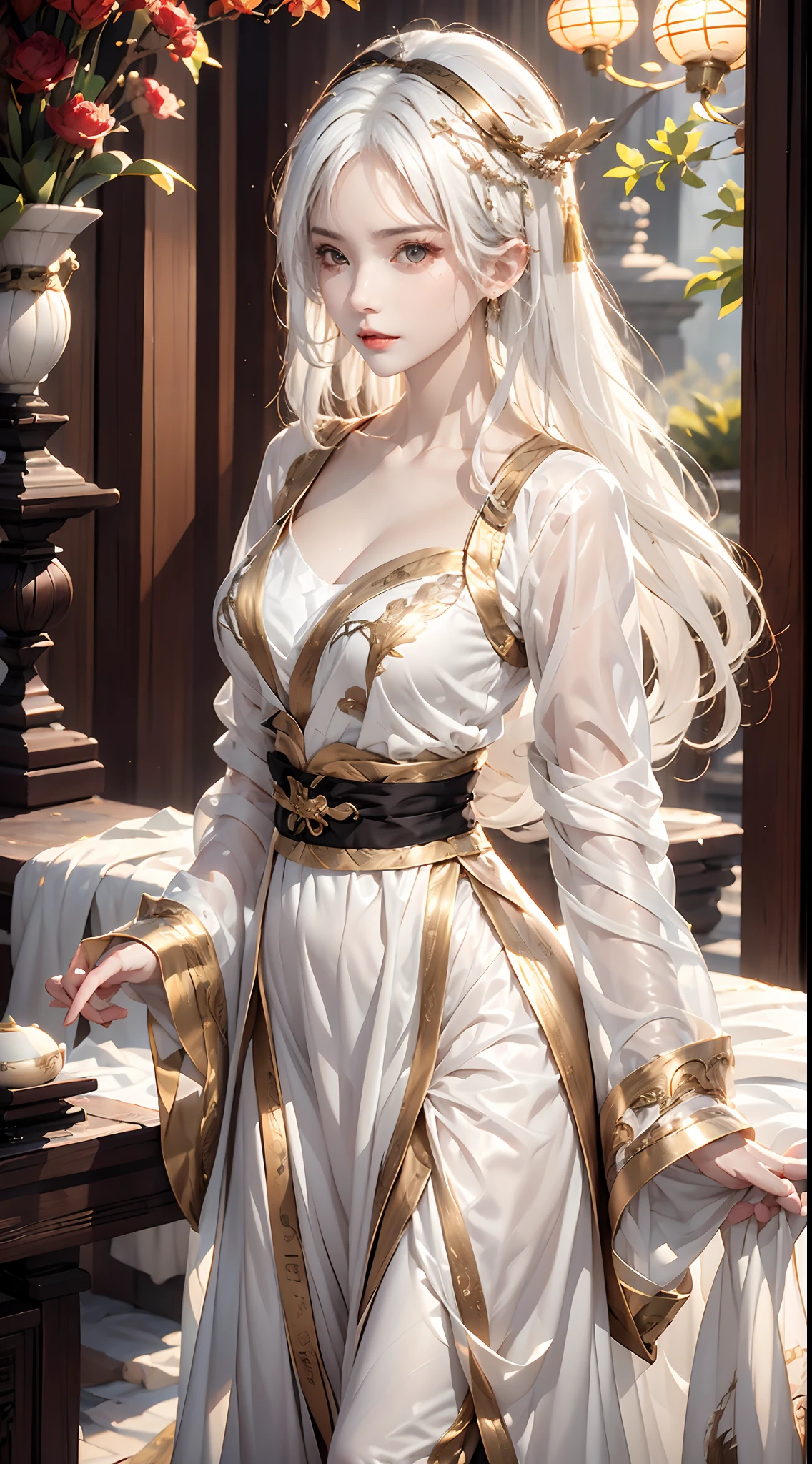 Photorealistic, high resolution, 1 woman, Hips up, Beautiful eyes, White hair, Long hair, ringed eyes, jewelry, ancient empress