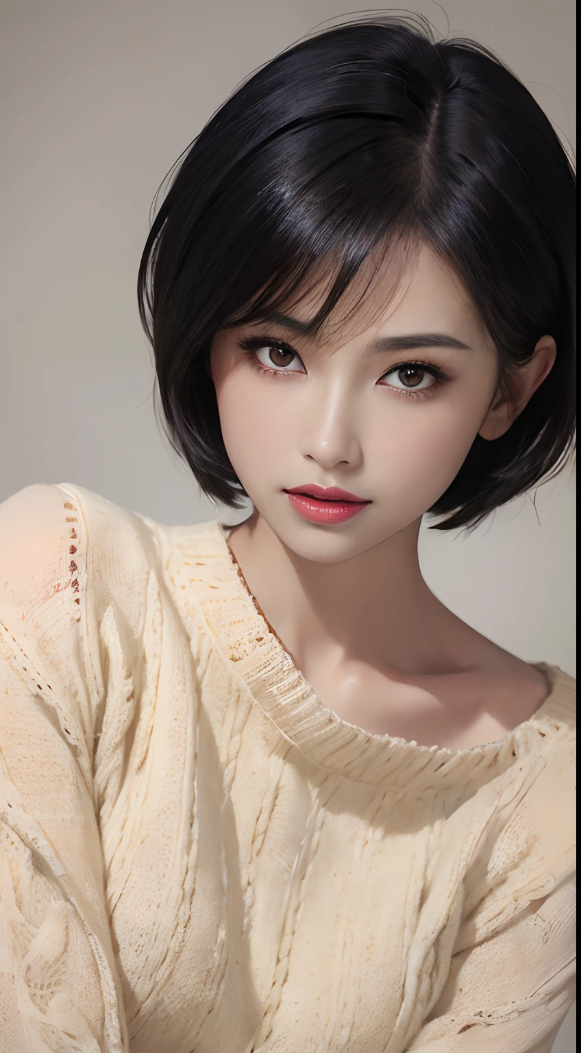 (masterpiece:1.3), (8k, photorealistic, RAW photo, best quality: 1.4), (1girl), beautiful face, (realistic face), (black hair, short hair:1.3), beautiful hairstyle, realistic eyes, beautiful detailed eyes, (realistic skin), beautiful skin, (sweater), absurdres, attractive, ultra high res, ultra realistic, highly detailed, golden ratio