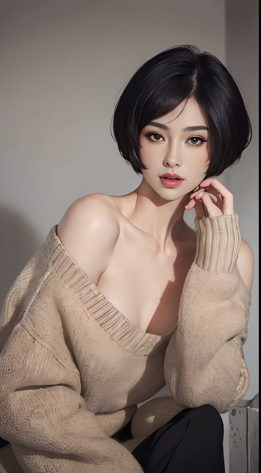 (masterpiece:1.3), (8k, photorealistic, RAW photo, best quality: 1.4), (1girl), beautiful face, (realistic face), (black hair, short hair:1.3), beautiful hairstyle, realistic eyes, beautiful detailed eyes, (realistic skin), beautiful skin, (sweater), absurdres, attractive, ultra high res, ultra realistic, highly detailed, golden ratio