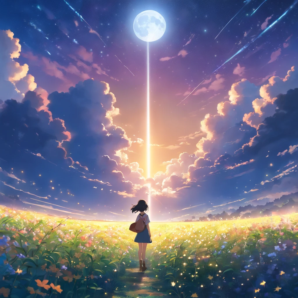 Expansive landscape photograph , (View from below，Displays the sky above and the clearing below), a girl standing on flower field looking up, (full moon:1.2), ( meteors:0.9), (Starcloud:1.3), Far Mountain, Tree BREAK Production Art, (Warm light source:1.2), (Firefly:1.2), lamp lights,