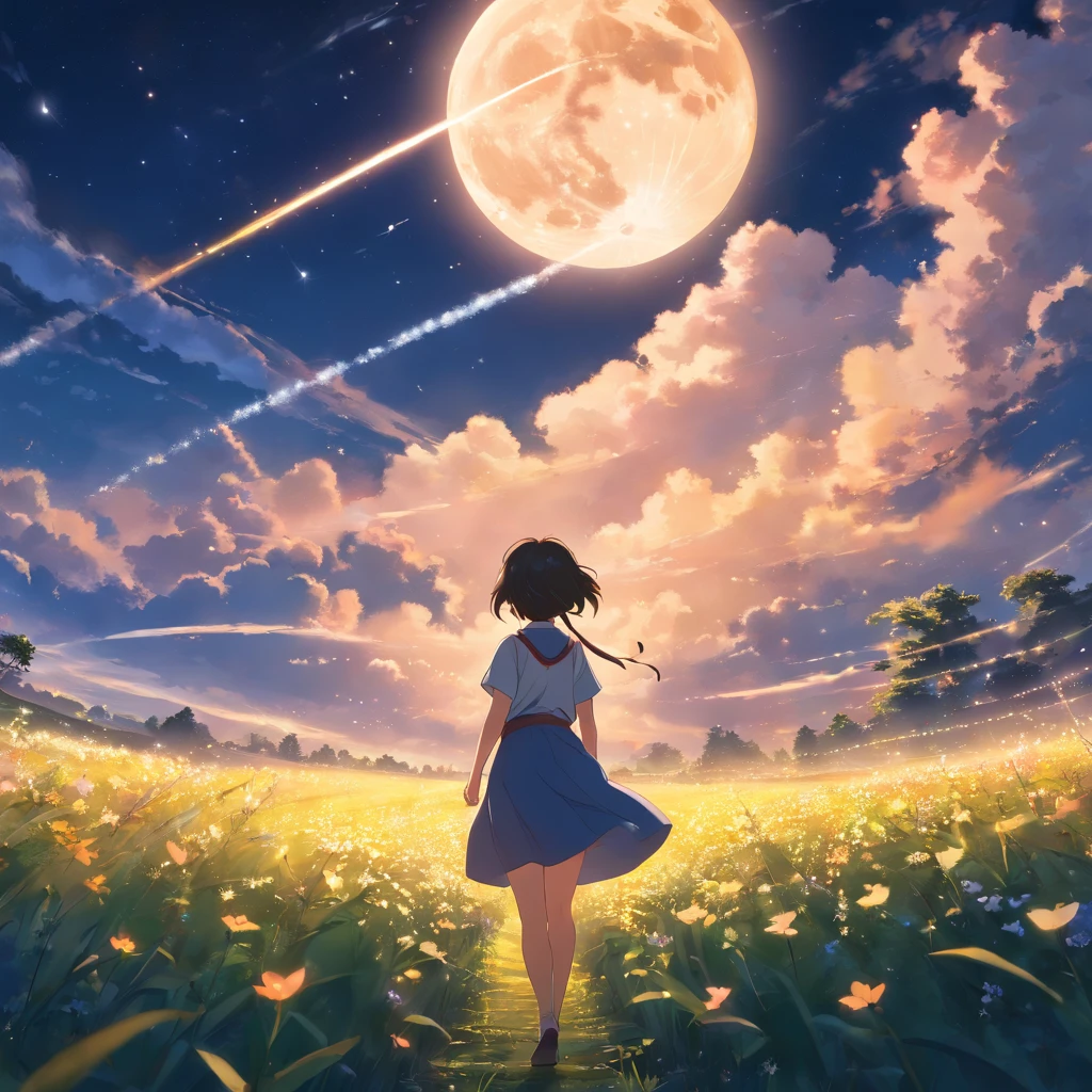 Expansive landscape photograph , (View from below,Displays the sky above and the clearing below), a girl standing on flower field looking up, (full moon:1.2), ( meteors:0.9), (Starcloud:1.3), Far Mountain, Tree BREAK Production Art, (Warm light source:1.2), (Firefly:1.2), lamp lights,