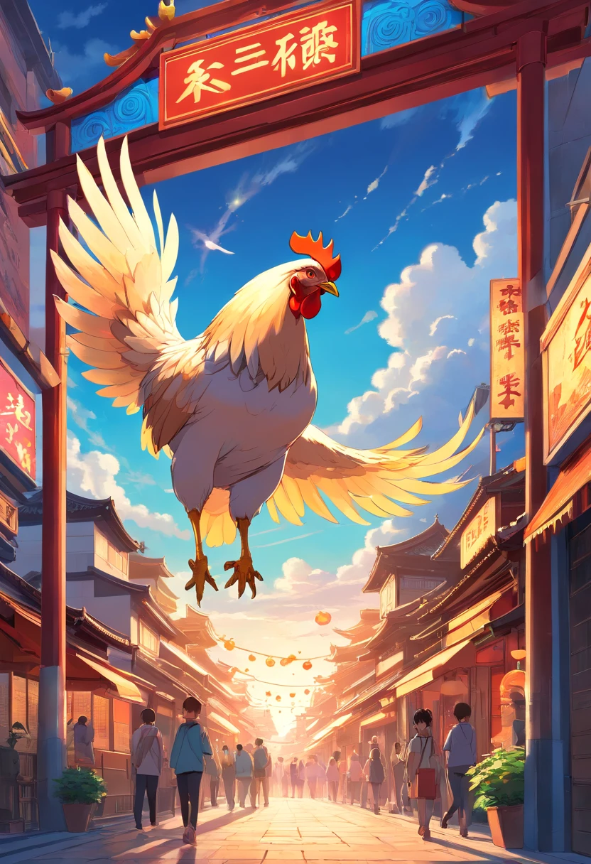 Chinese chicken on Chang'an City, Art Nouveau style illustration, Detailed sky, chinapunk, Explanatory narrative, solarizing master, quito school, Visual poetry