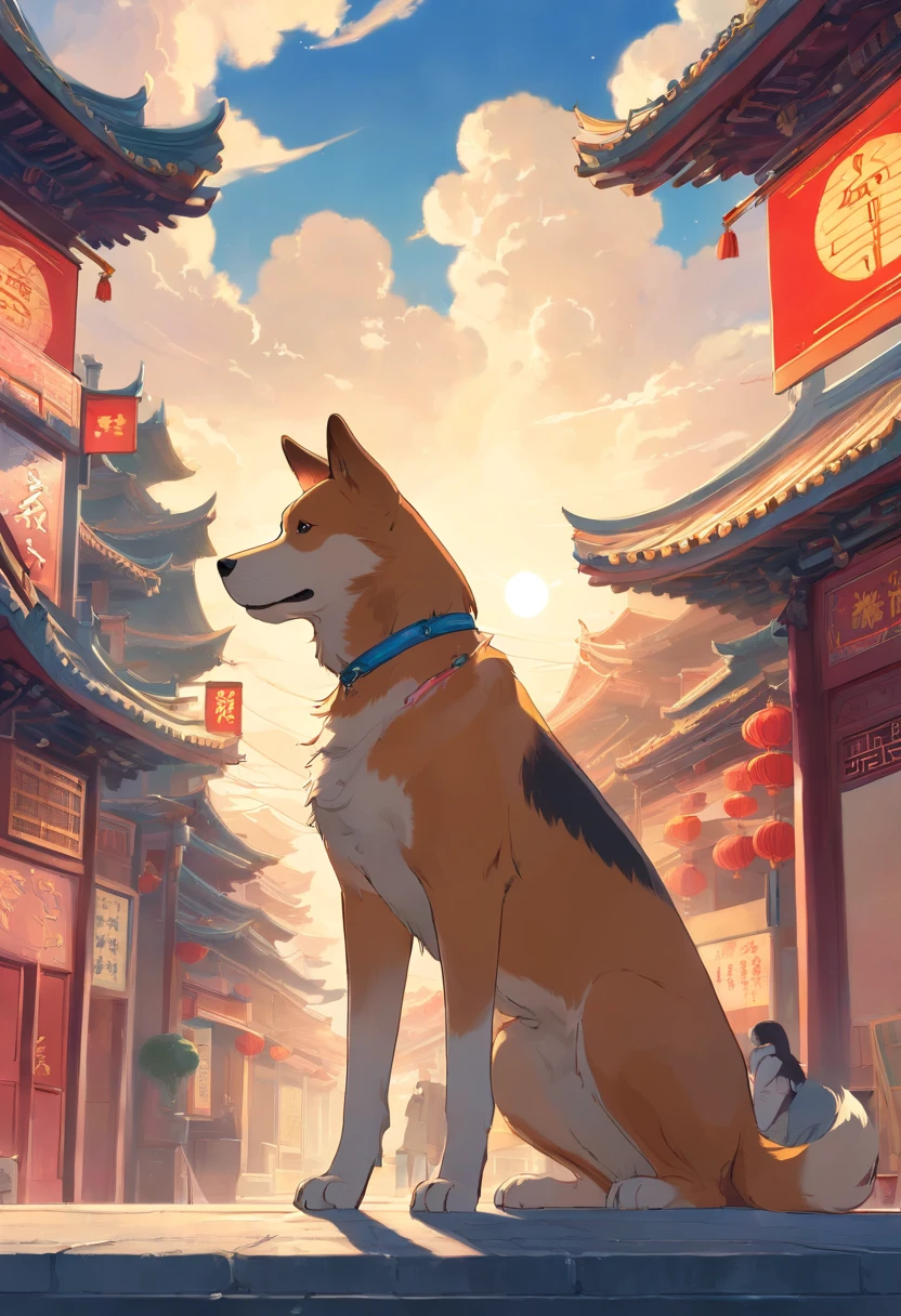 Chinese dog in Chang'an City, Art Nouveau style illustration, Detailed sky, chinapunk, Explanatory narrative, solarizing master, quito school, Visual poetry
