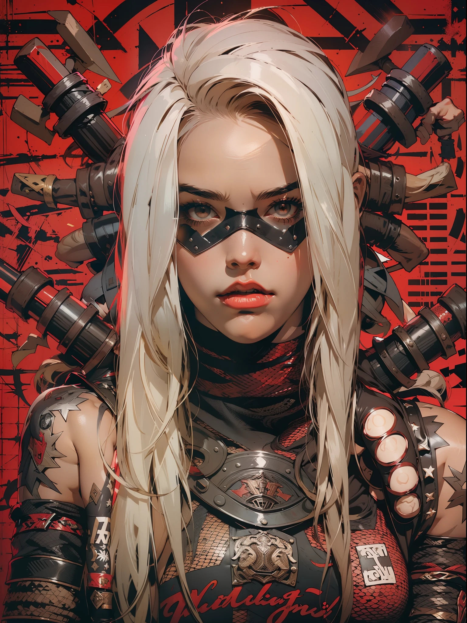 (((mulher))), (((melhor qualidade))), (((obra prima))), (((adulto))), (((1girl))), ((( corte de cabelo bob ))), Uma gladiadora cyberpunk mulher de 25 anos com corpo perfeito, shoulder pads with metal spines, Gladiadores do Brooklyn, (( corte de cabelo bob )), tiny leather panties, camiseta de time de rugby rasgada, quase nua no estilo selvagem urbano de Simon Bisley para a capa da revista Heavy Metal, Cabelo loiro curto, Minimum clothing, Metal protection on the left arm with intricate graphics, Dark red with white stars and black and white checkerboard pattern, armadura, cheio de pontas e rebites, (((do joelho pra cima))), cabelos loiro branco curto, no fundo uma parede pintada por Shepard Fairey com um design intrincado
