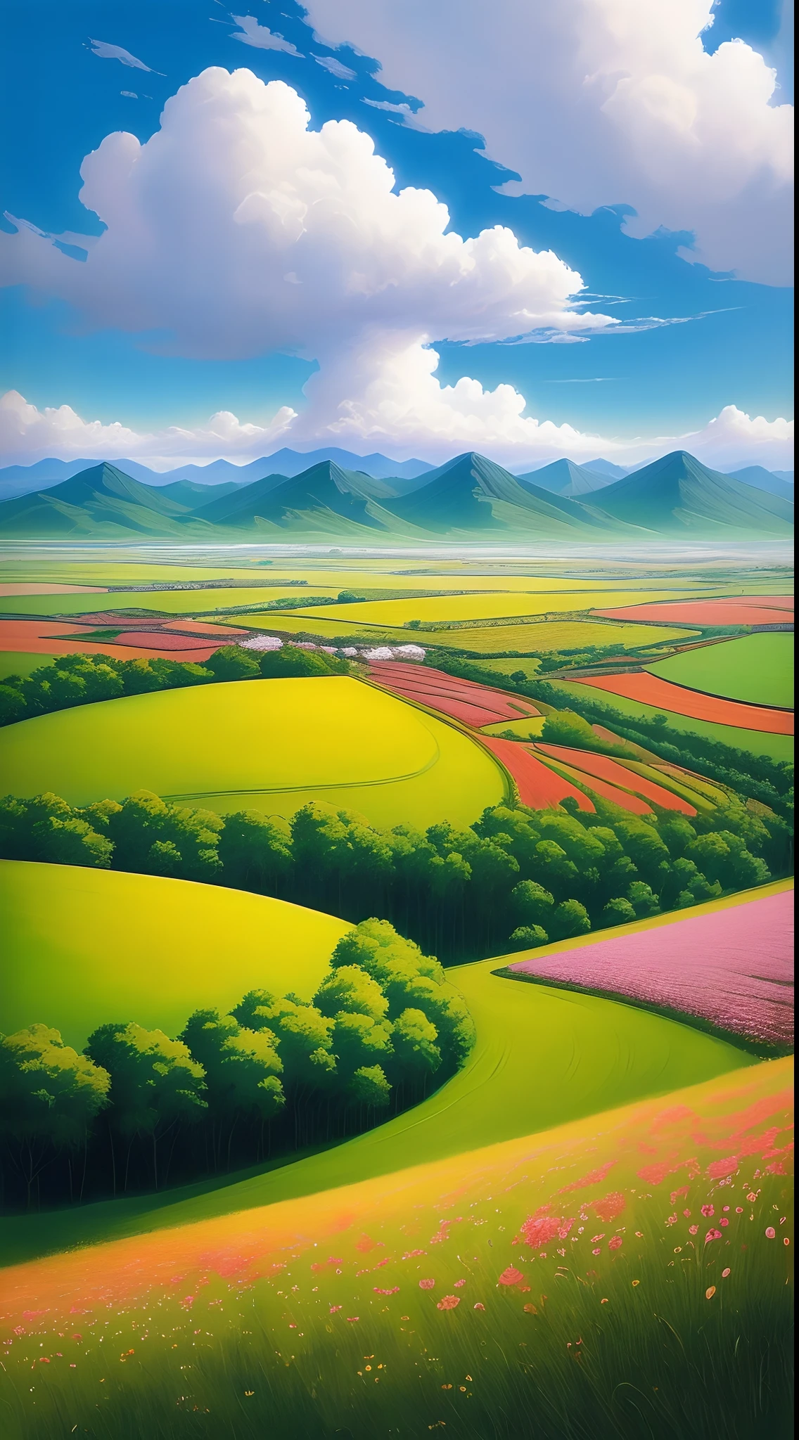 Anime landscapes, Fill the entire pasture, Surreal, Fresh painting,Flowers are blooming,Clouds,Heartwarming scenery