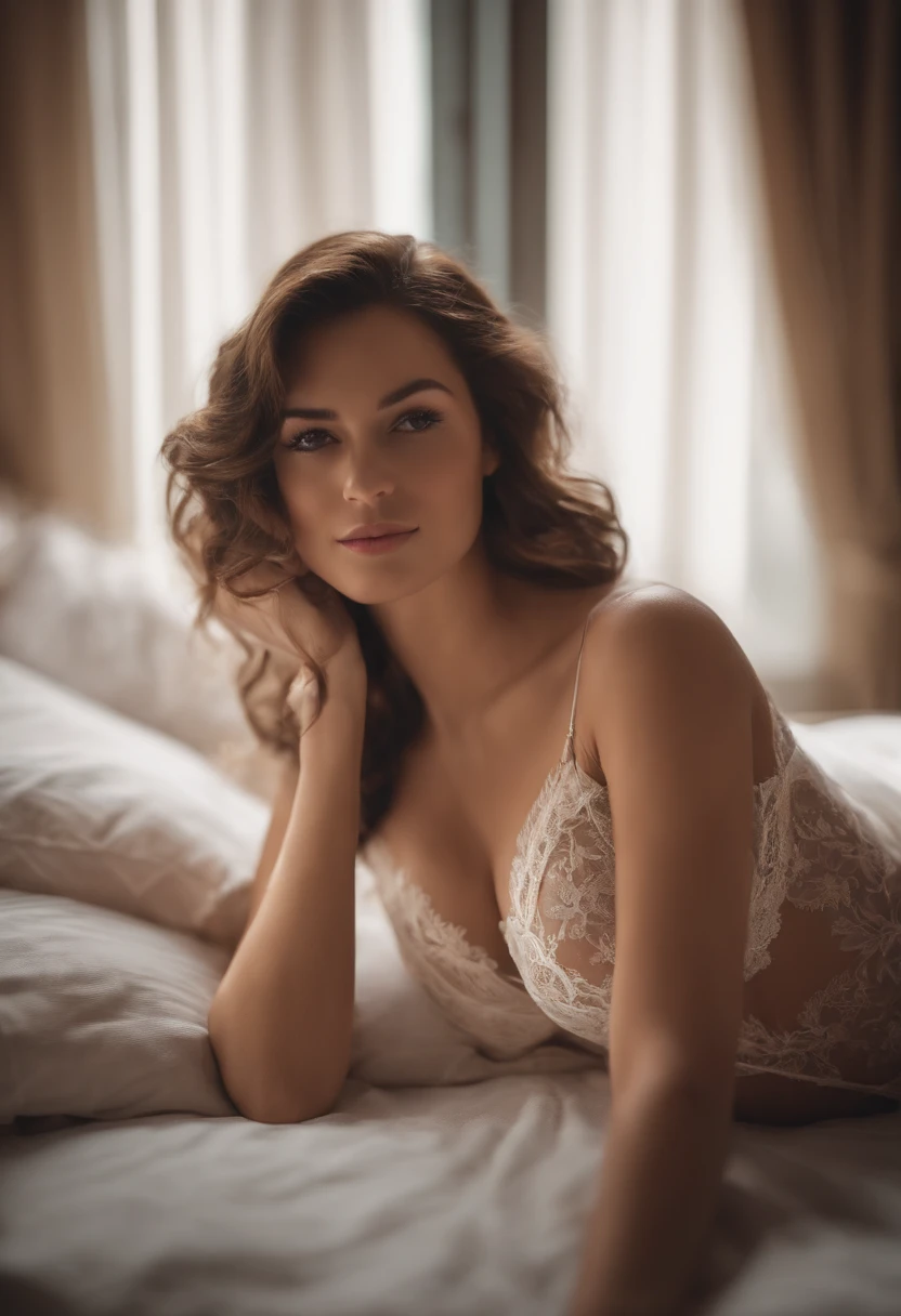 Sleeping girl，20yr old，Large breasts，a plump buttocks，realisticlying，She wears a lace bra，Lace lingerie，get down on the bed，brown  hair，Rest your head on your hand，Look down from behind，1.5 meters away，hdr，Extremely high image quality，Cinematic footage，Disney  style