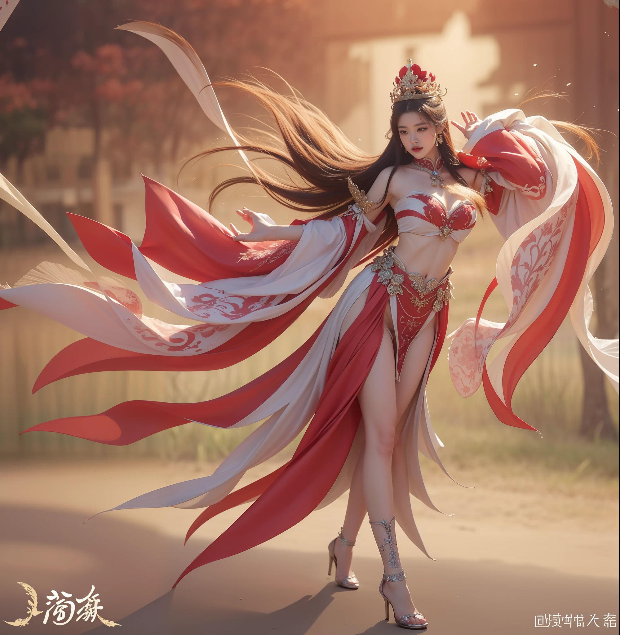 A red and white dress，Close-up of a woman with a crown on her head, by Yang J, a beautiful fantasy empress, full-body xianxia, author：Qu Leilei, G Liulian art style, inspired by Ju Lian, queen of the sea mu yanling, Onmyoji detailed art, ((a beautiful fantasy empress))